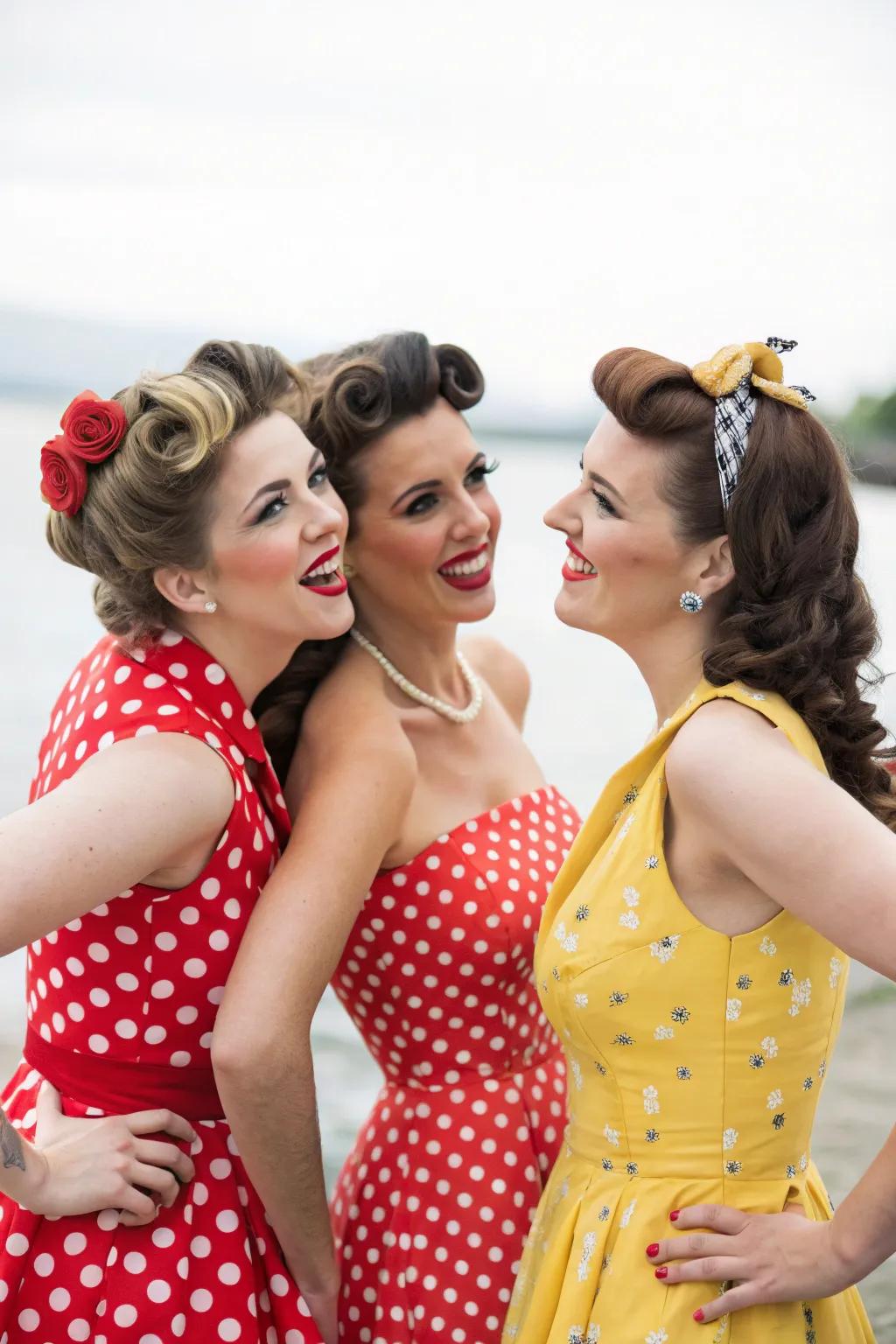 Bridesmaids with pin-up styling add flair to the rockabilly wedding.