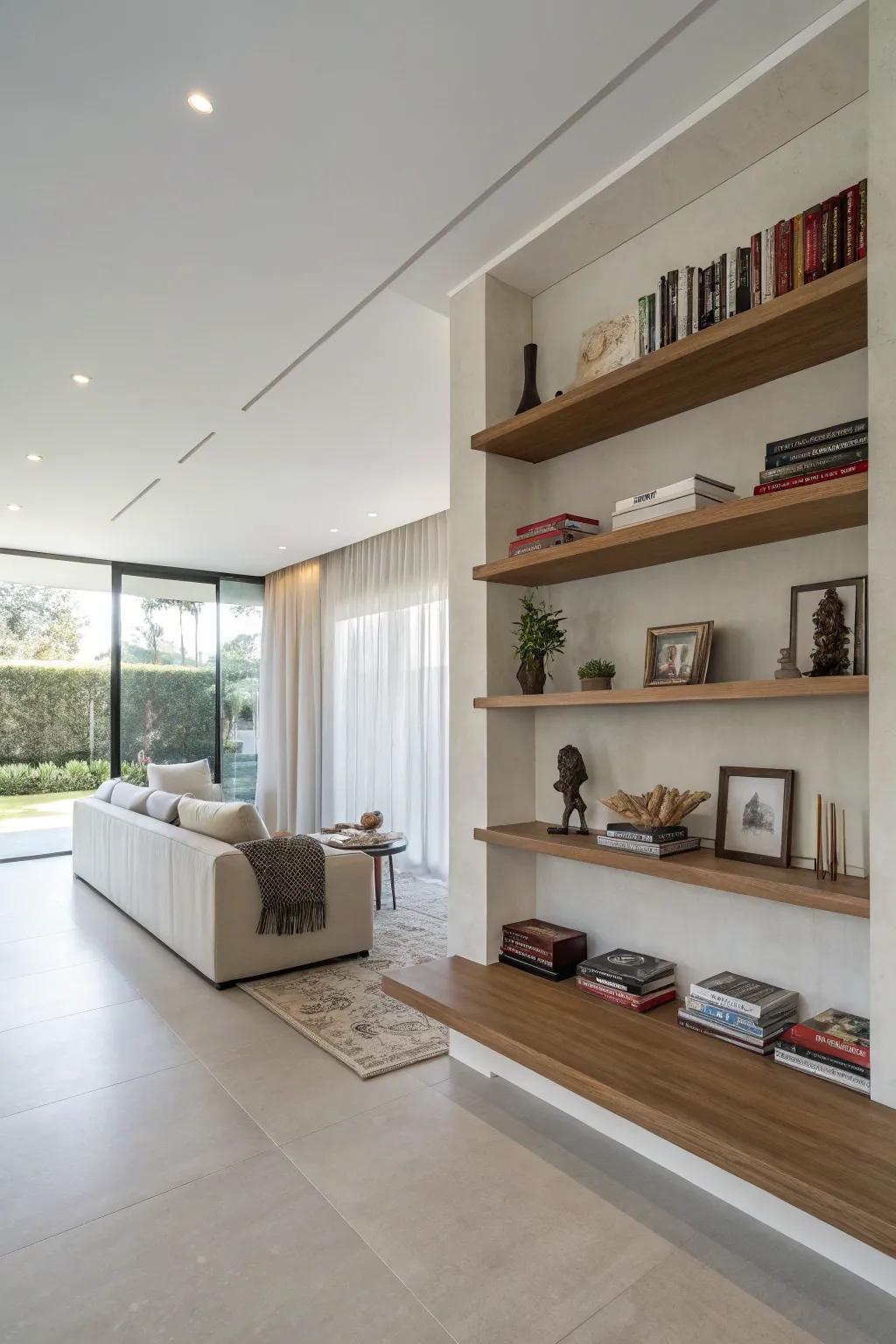 A modern room featuring a half wall that incorporates free-hanging shelves, introducing a minimalist touch.