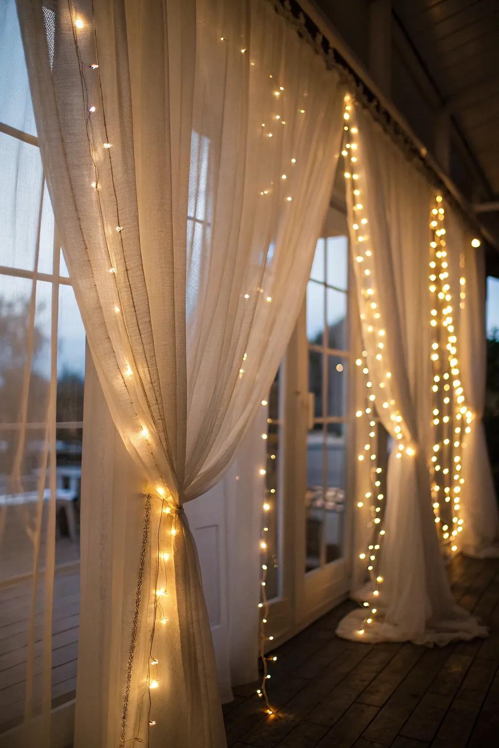 Create a soft, romantic glow with ribbon lights and sheer curtains.