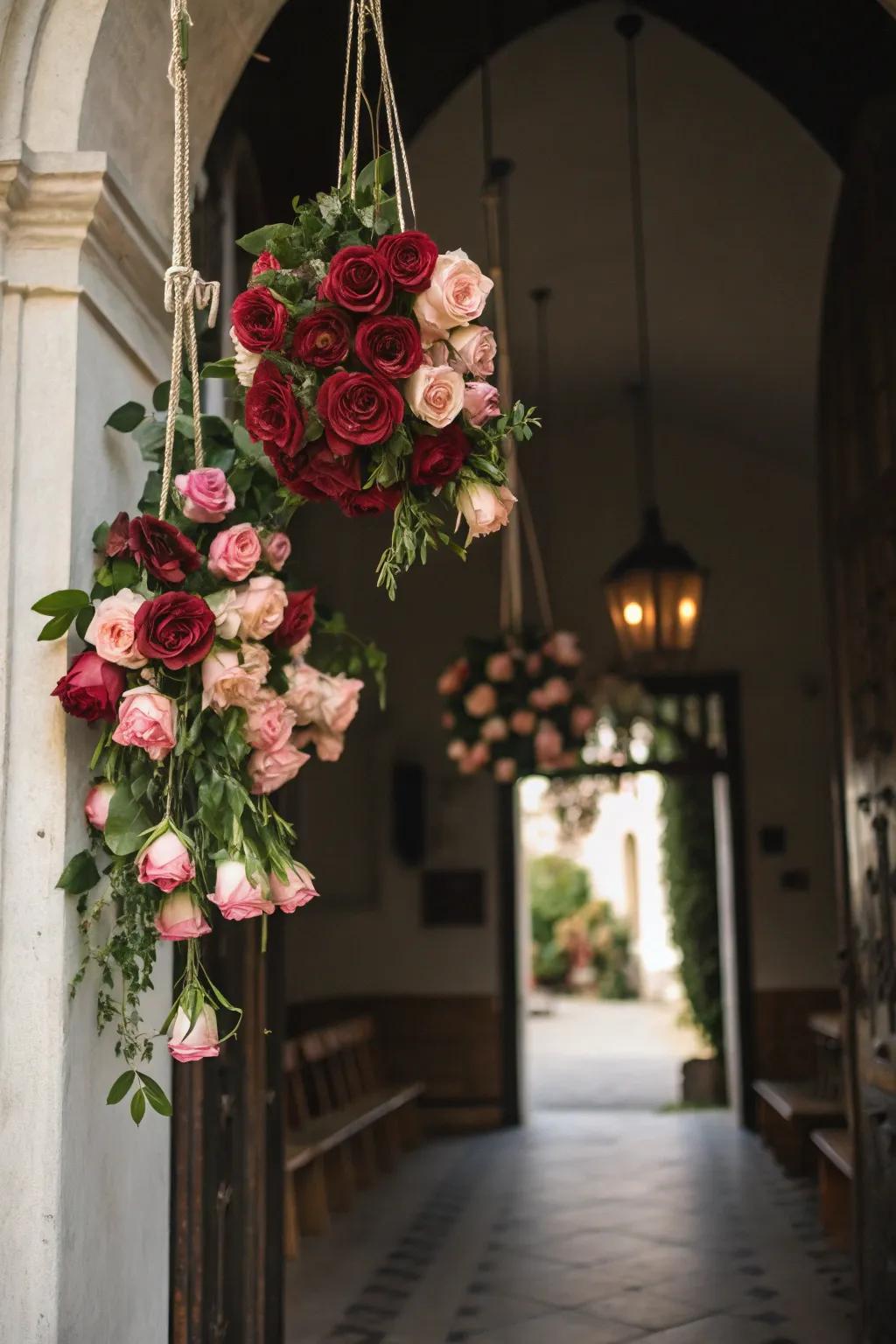 Dramatic entry characterized by suspended rose bouquets.