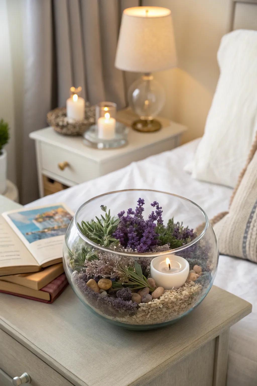 Protected lavender within a clear bowl delivers a fragrant and calming presence.