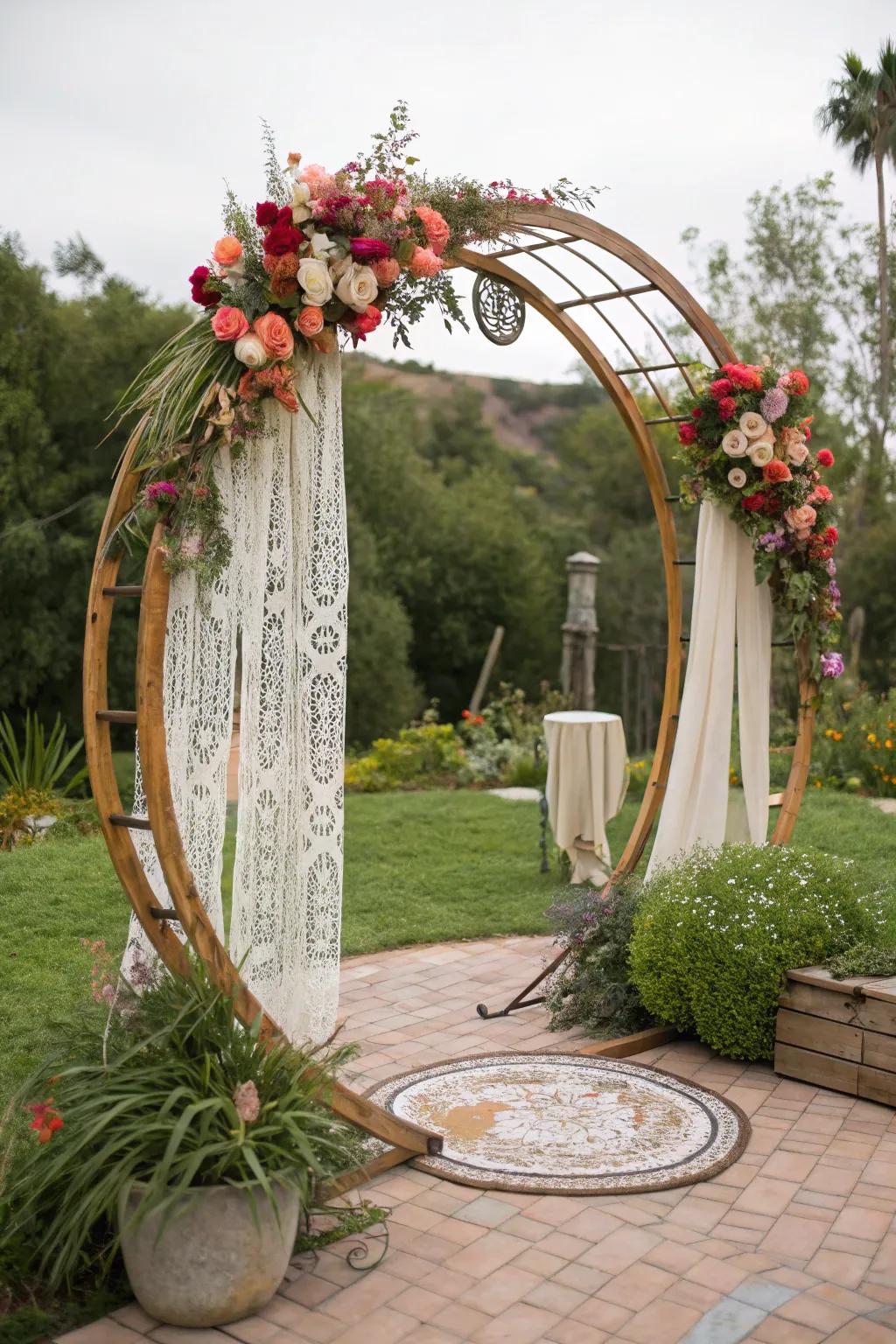 An eclectic circular wedding arch with mixed materials.