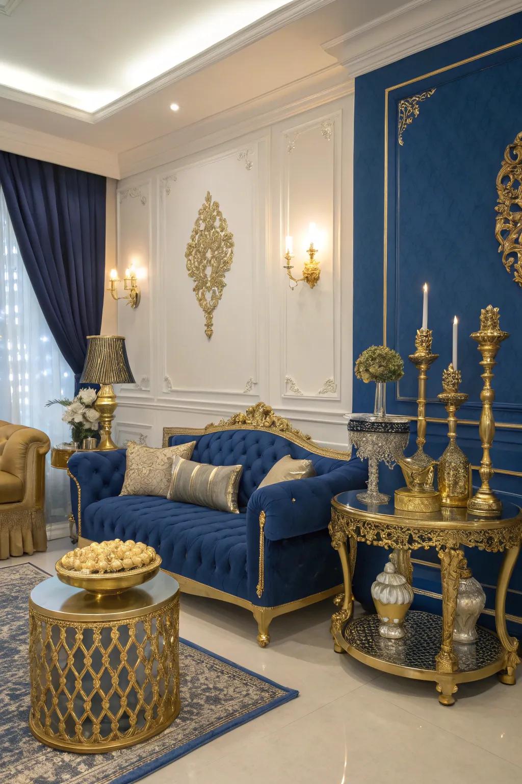 Royal blue and gold create a luxurious and timeless living room aesthetic.