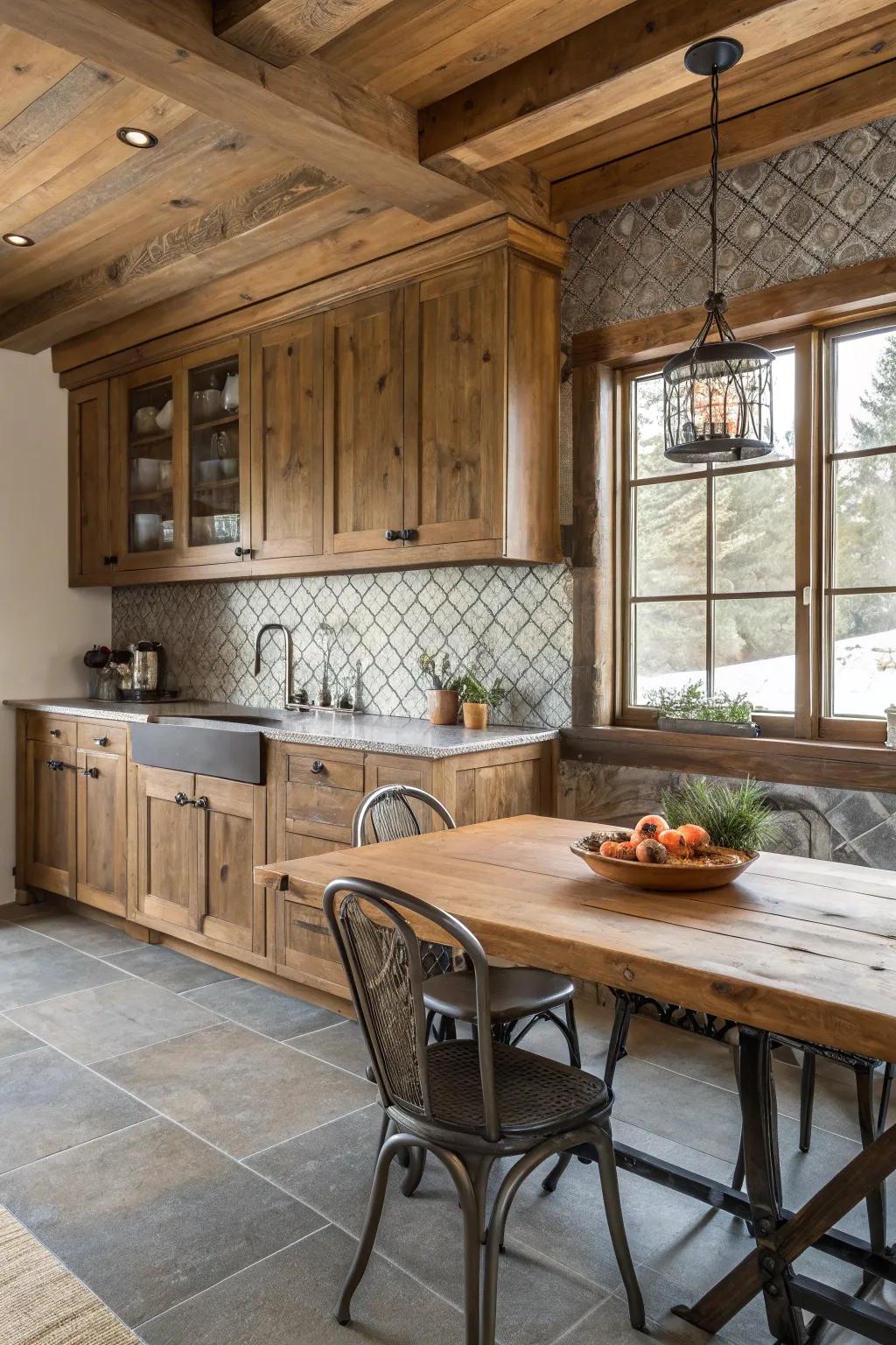 Wood and metal create a unique texture and depth in the backsplash.