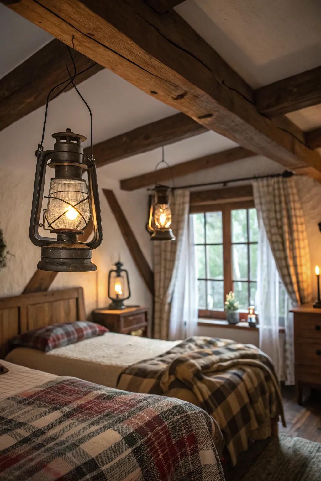 Suspended lamps introduce quaint charm and encompassing light.