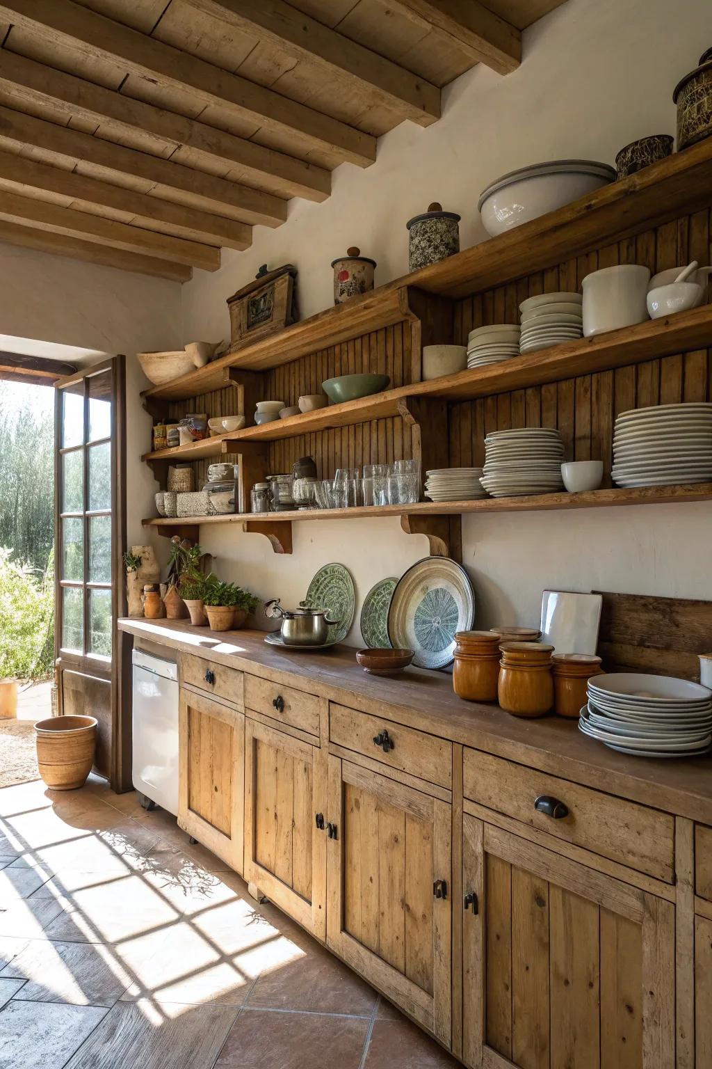 A kitchen featuring open shelving with country charm.