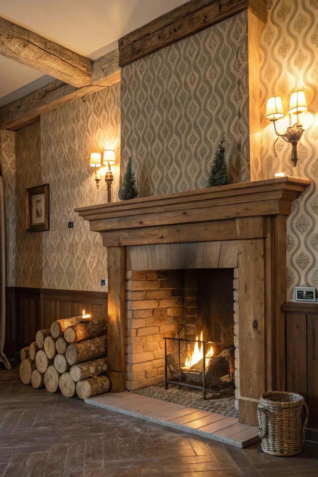 Textured wallpaper adds depth and interest to this rustic fireplace.