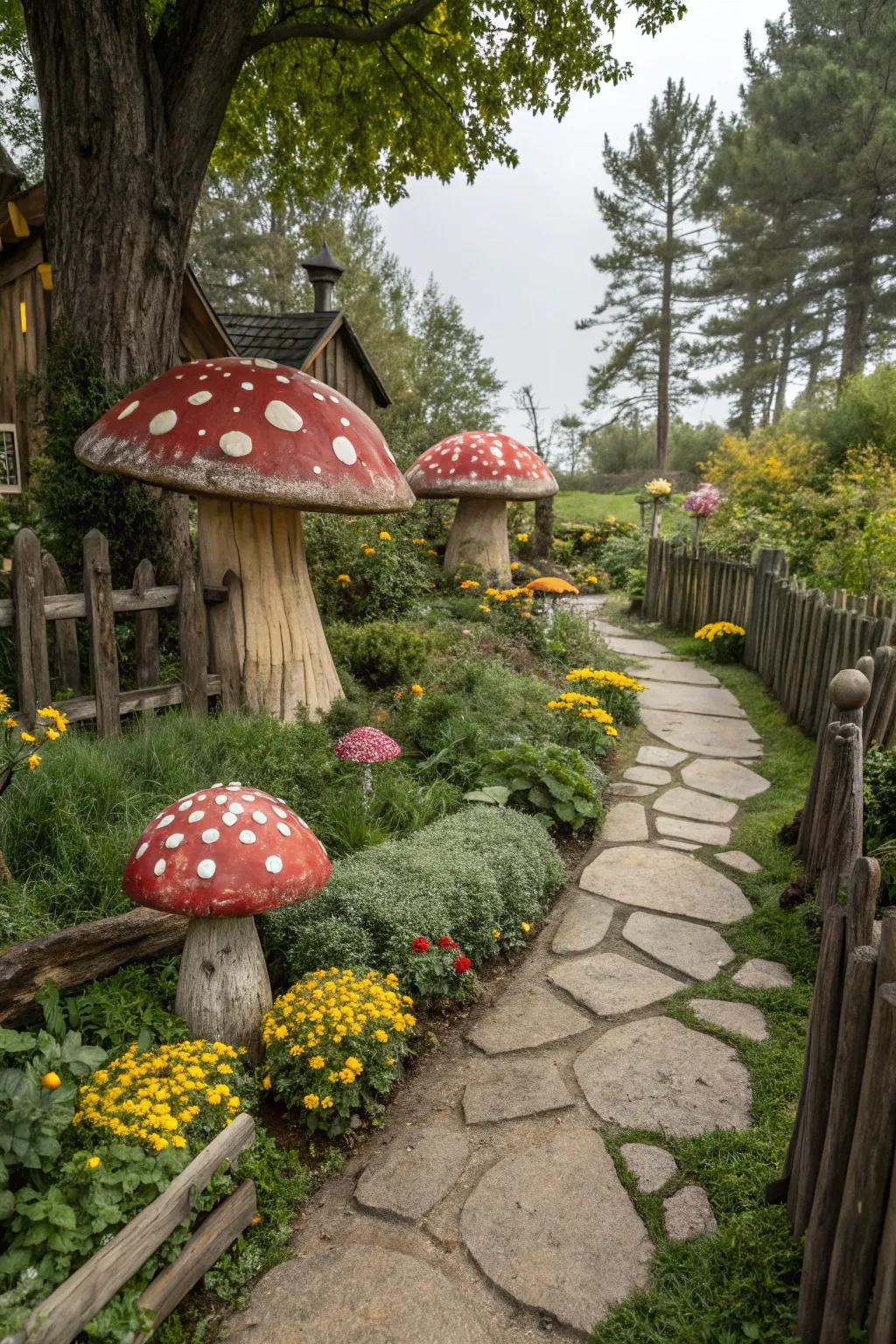 Toadstool decoration injecting whimsy into the garden.