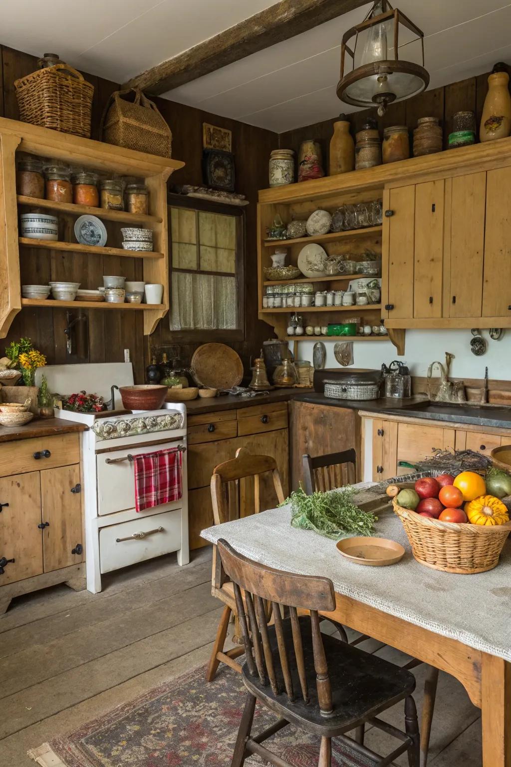 Flea market finds infuse rustic kitchens with familiar warmth and charm.