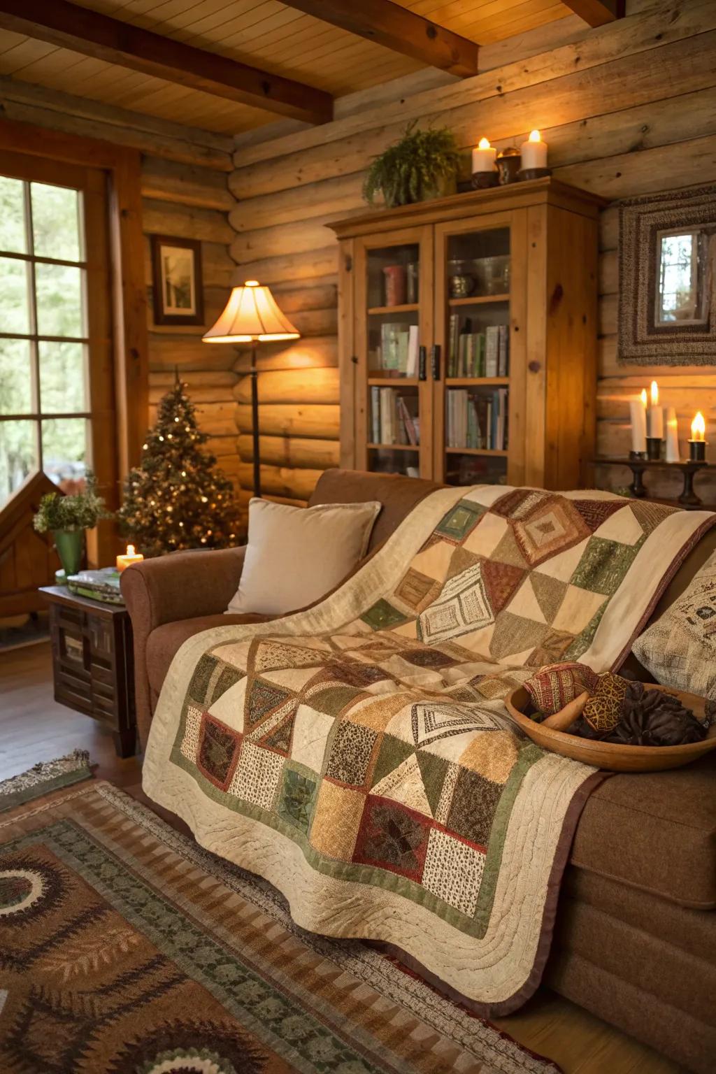 Handmade quilts add a personal and cozy element to rustic rooms.