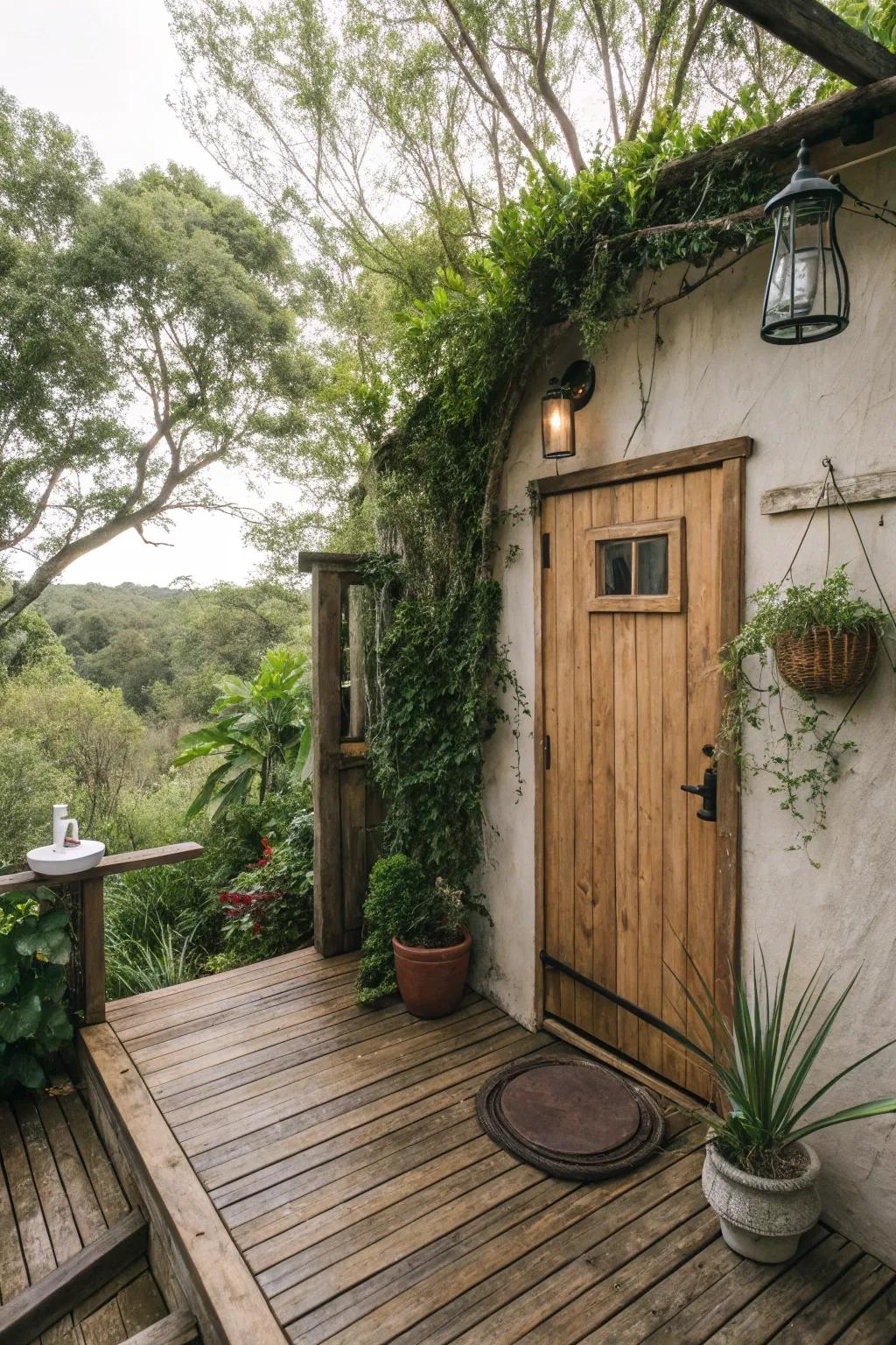 A wooden deck creates a warm foundation for this outdoor retreat.