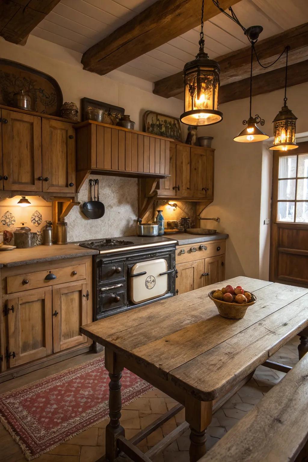 Traditional metal illumination enhances the rural ambiance.