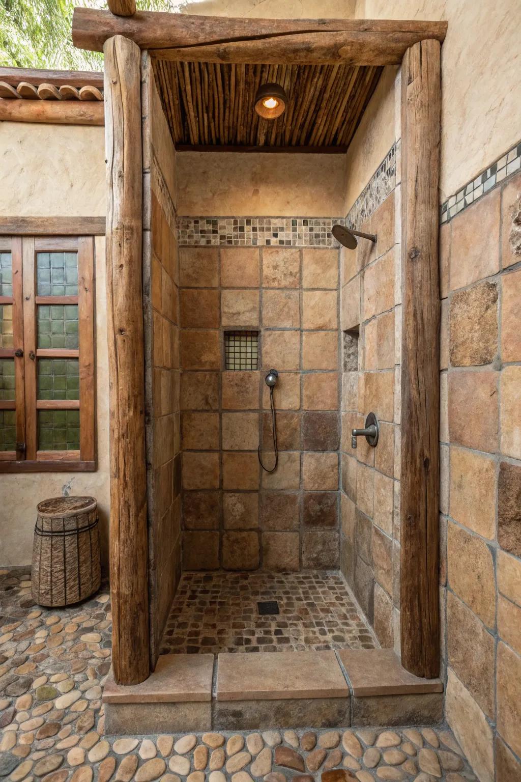 A shower exhibiting hand-molded tiles that contribute an artisan touch to the country theme.