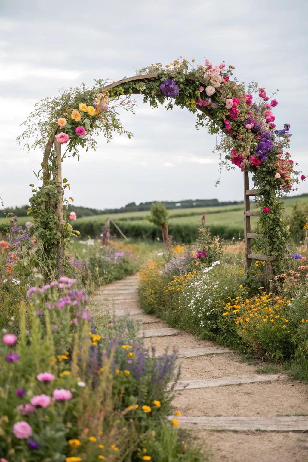 A wildflower arch, brimming with color and fantasy.