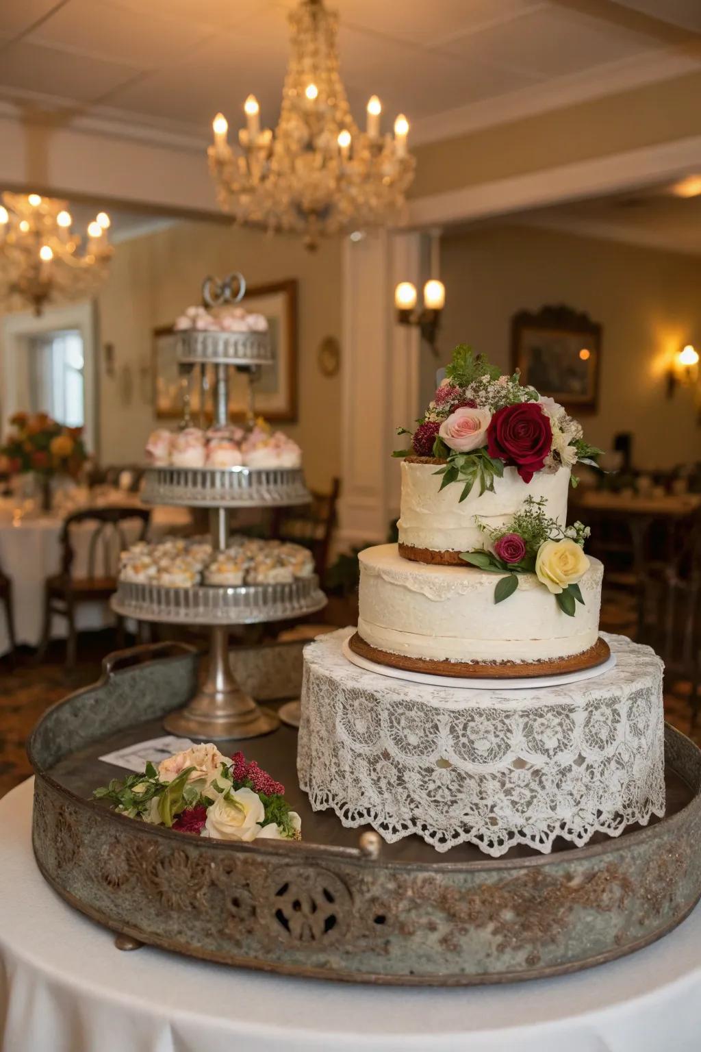 Rustic metal tray offers a chic contrast to natural decor.