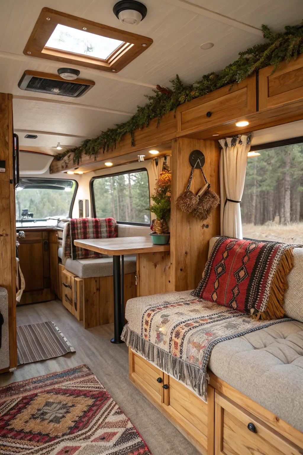 Rustic appeal produces a cozy, welcoming RV interior.