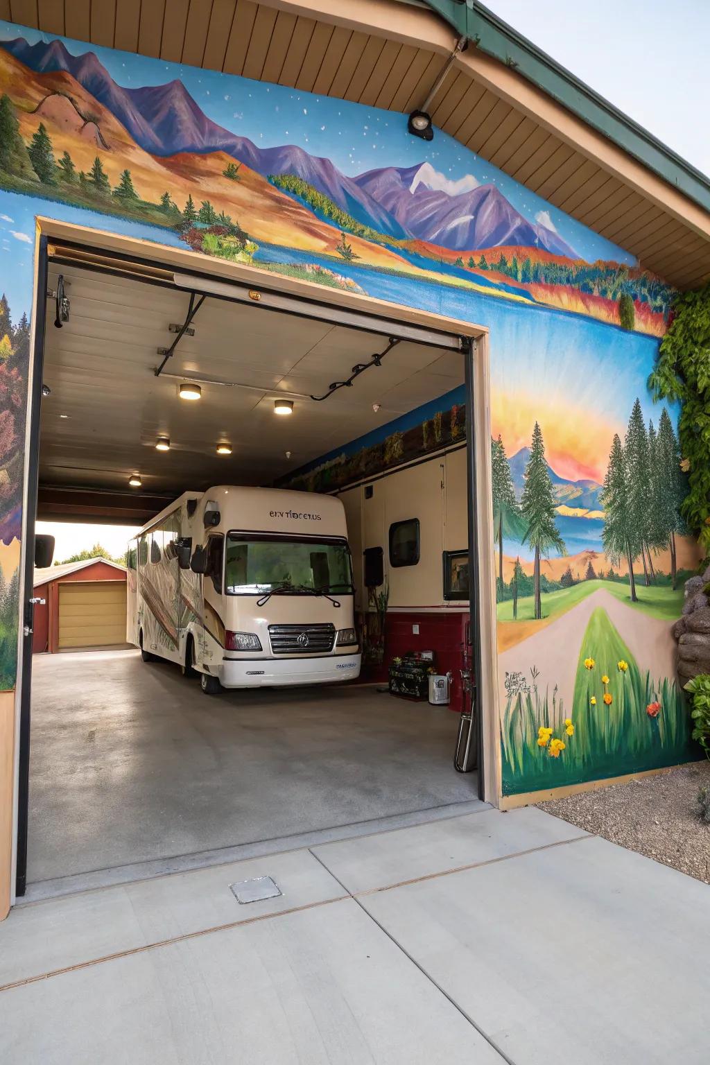 Personal touch added to an RV garage with artwork and murals.