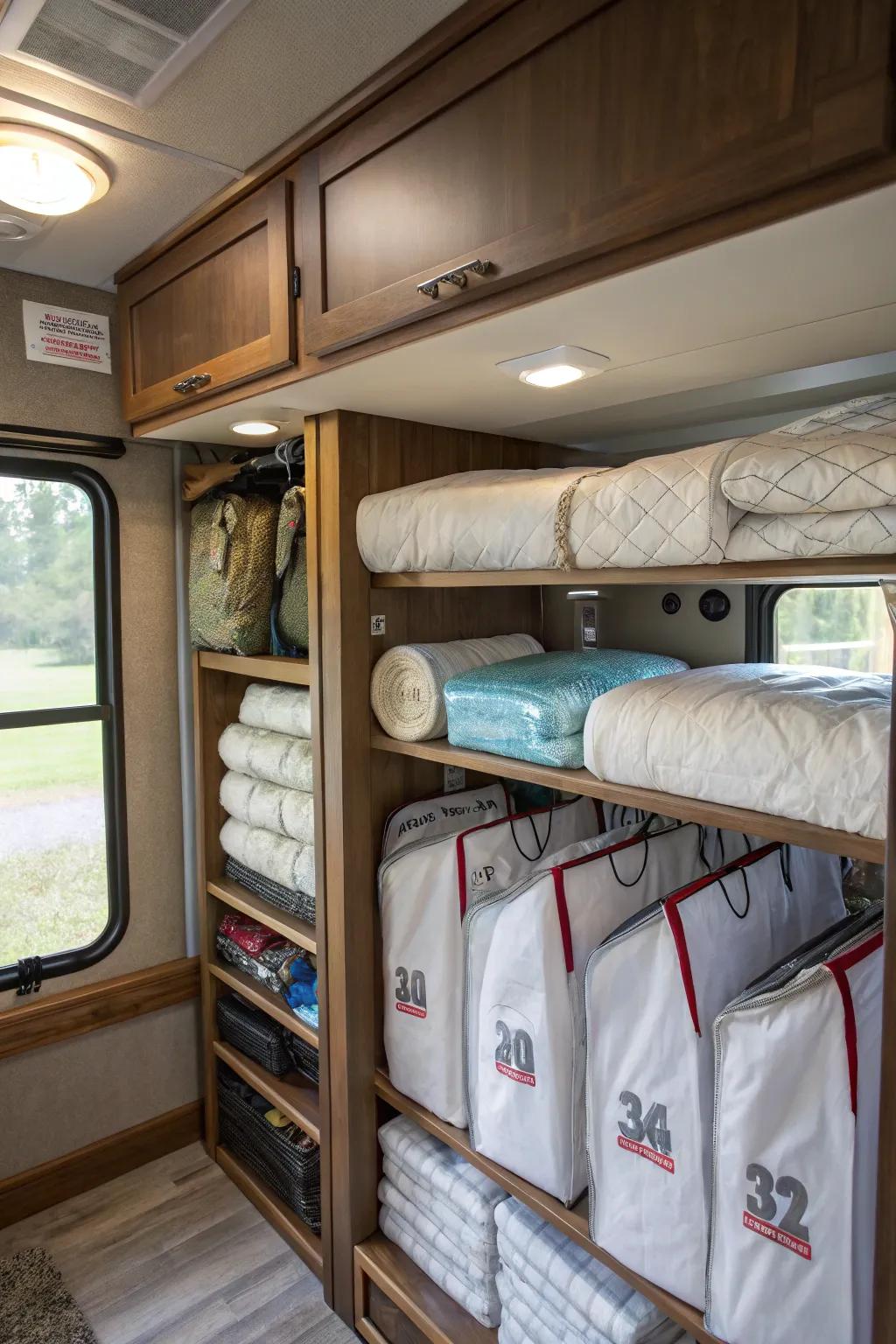 Vacuum bags used for space-saving laundry storage in an RV.