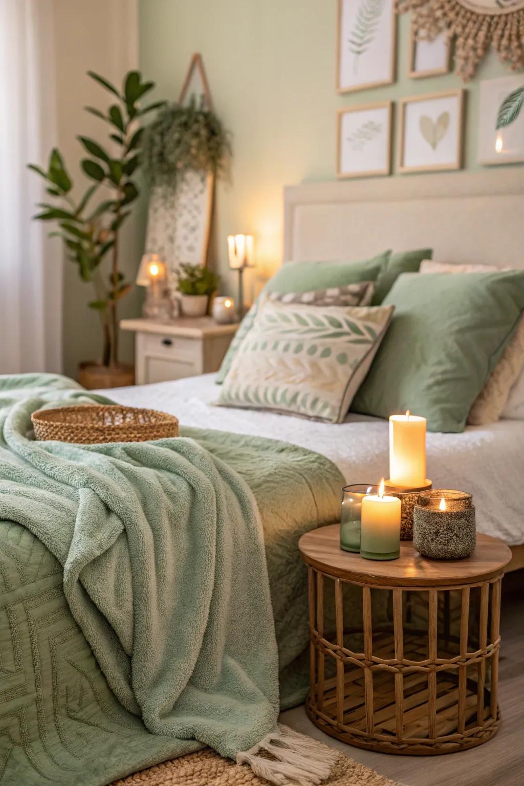 Delicate lighting with soft green tones enhances the calming ambiance of your sleeping quarters.