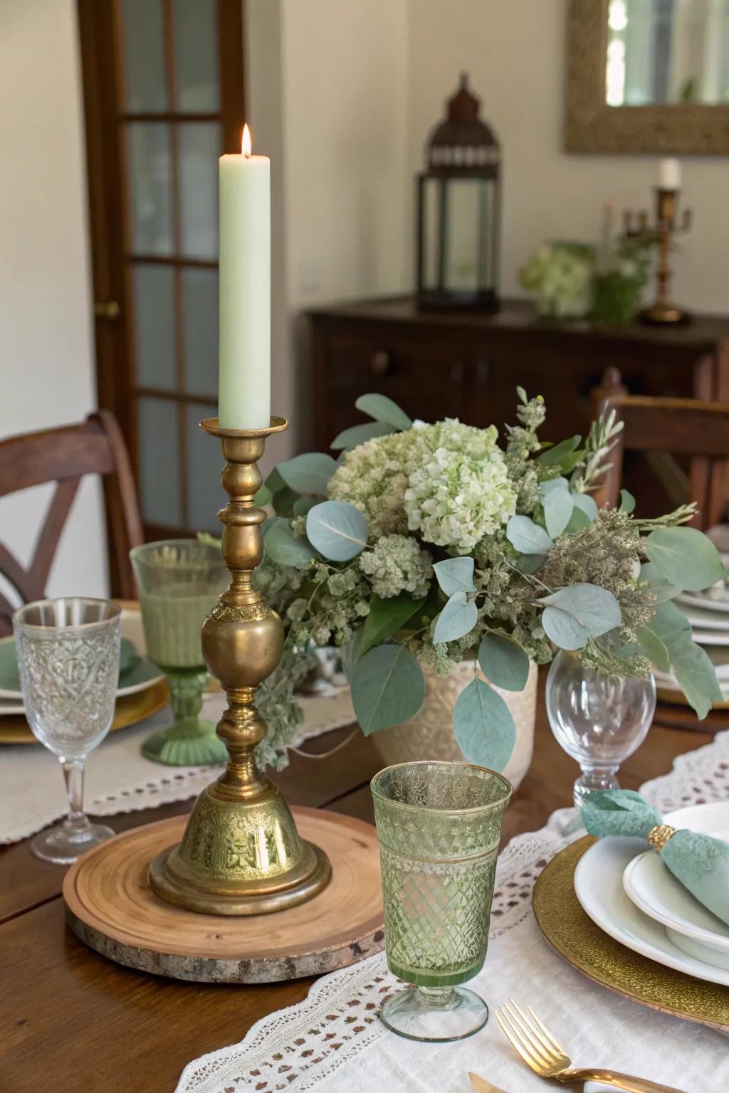 Brass tones add vintage charm to your sage green centerpiece.