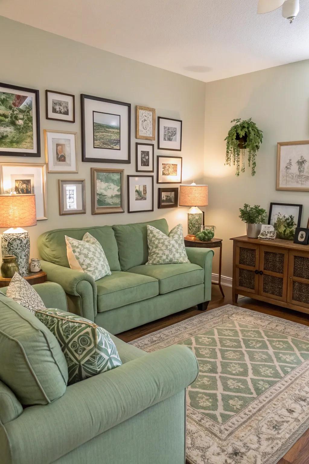 A picture wall personalizes and brightens a sage green living room.