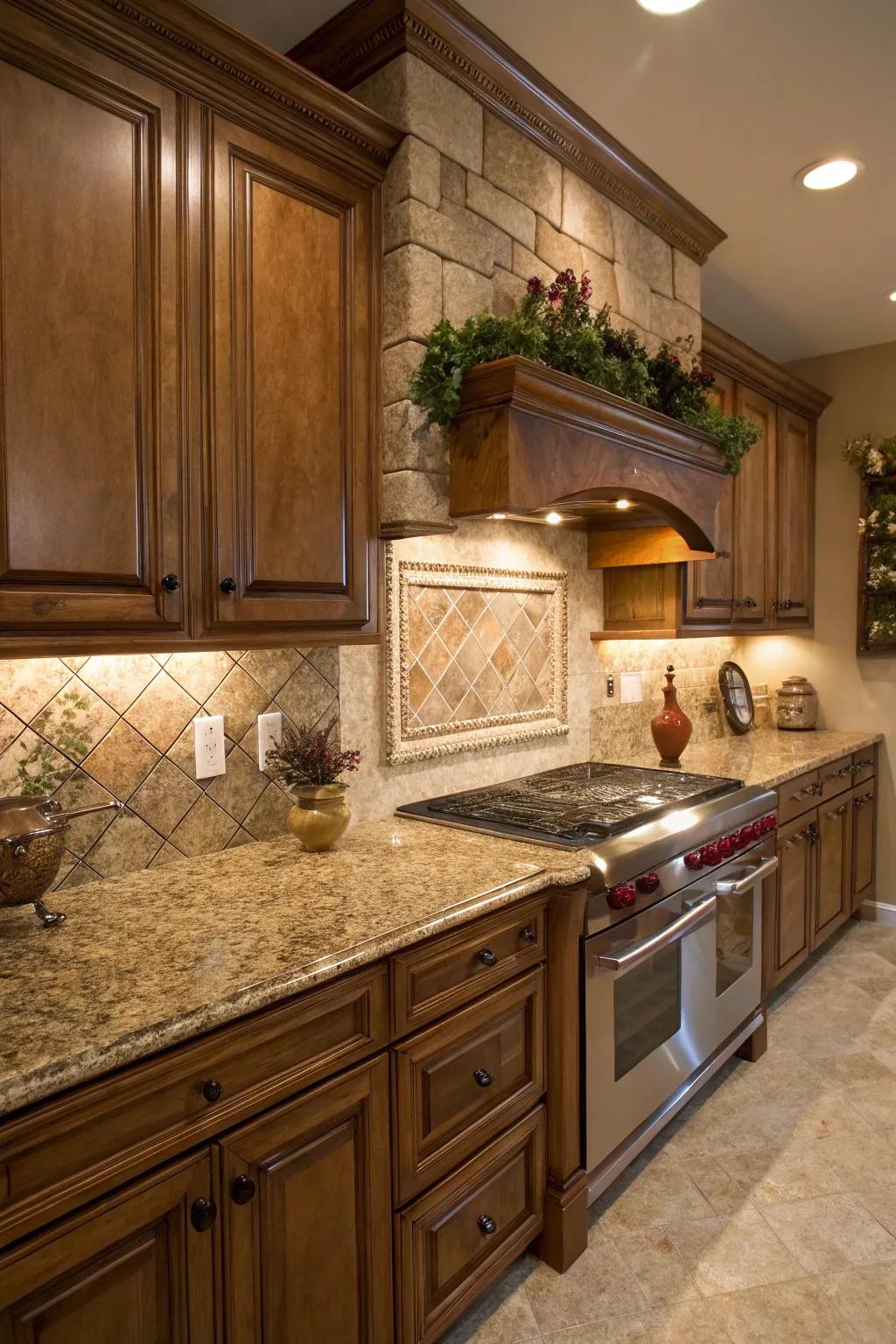 Natural stone tiles enhance the rustic charm of 