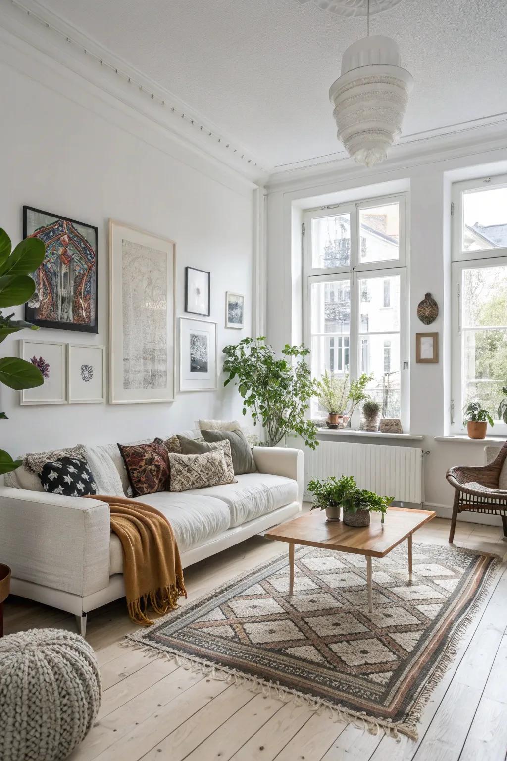 Asymmetrical layouts bring dynamic interest to the living room.