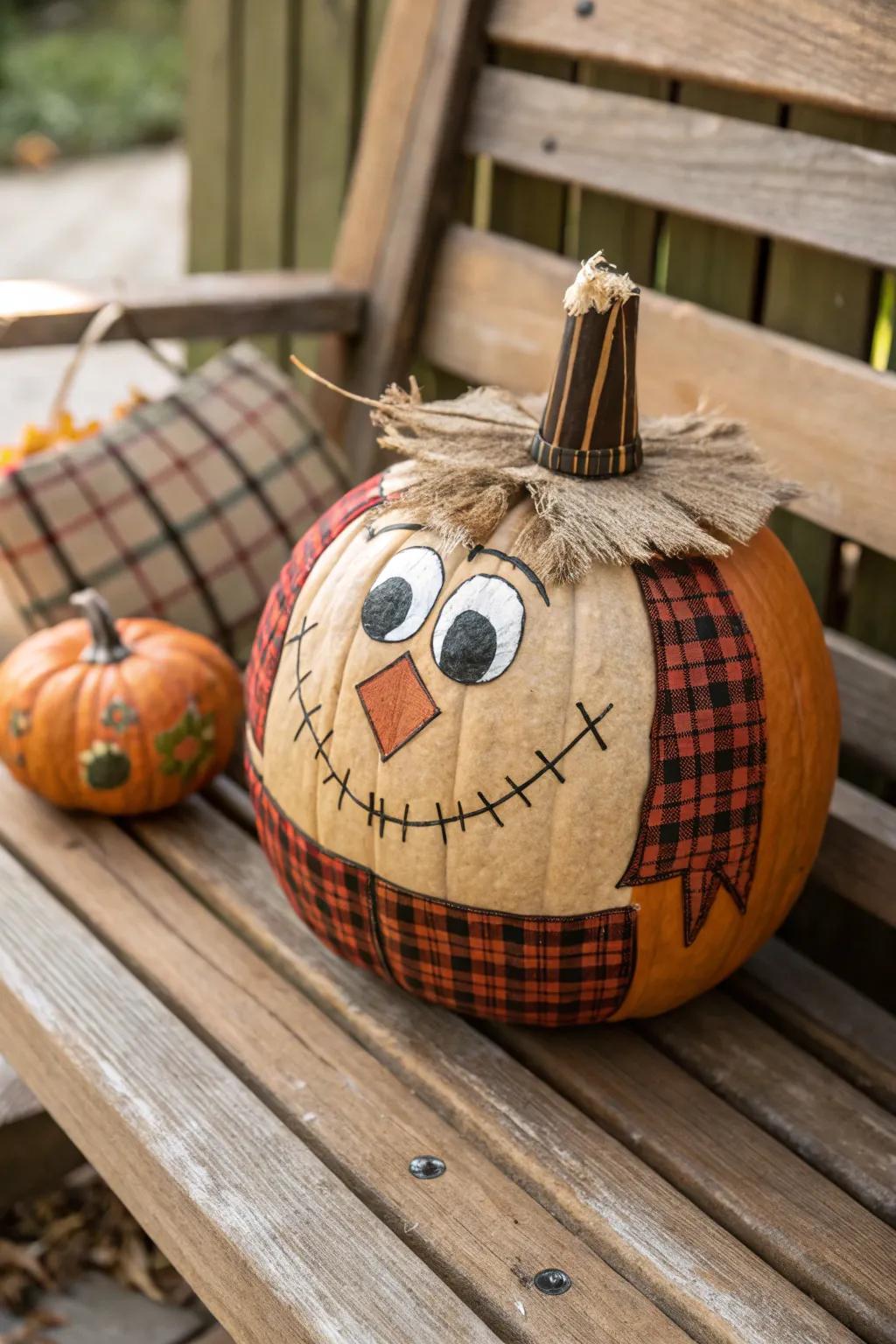 Woven patterns append a countryside style to the scarecrow pumpkin.