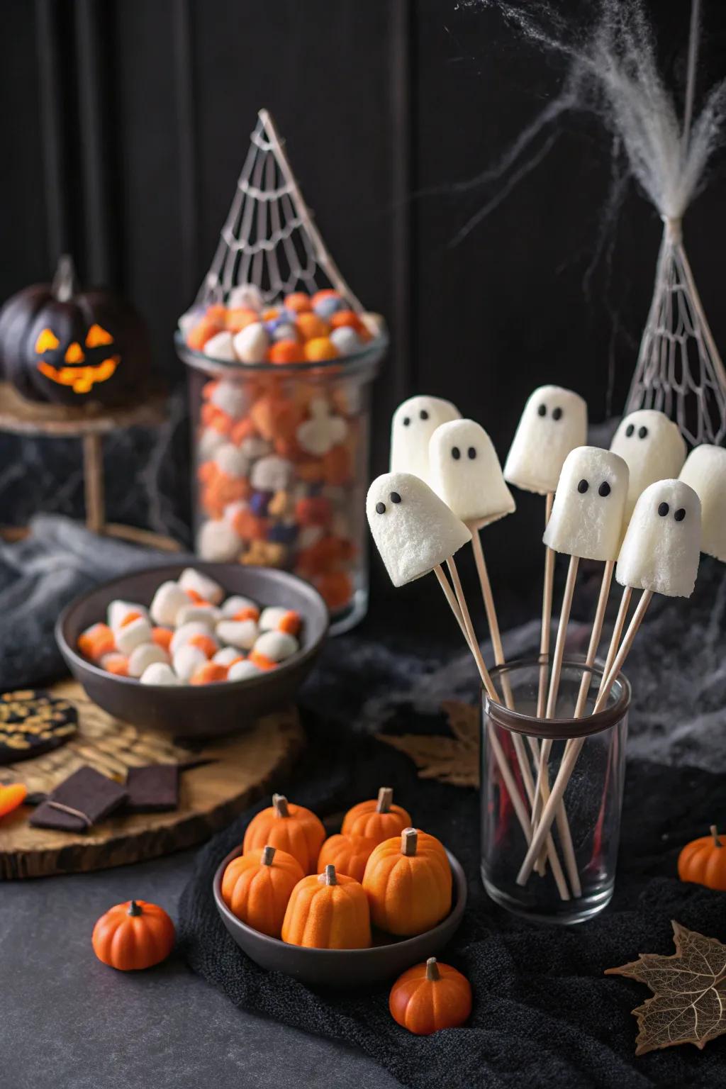 Ghostly marshmallow pops, a sweet and spooky delight.
