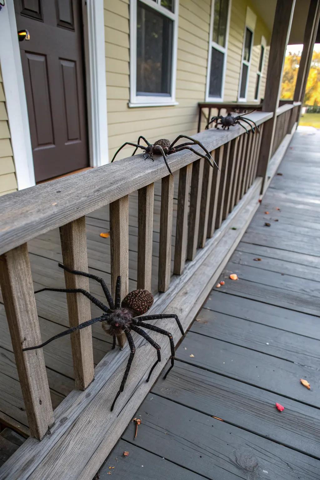 Giant spiders add a random scare to this Halloween porch.