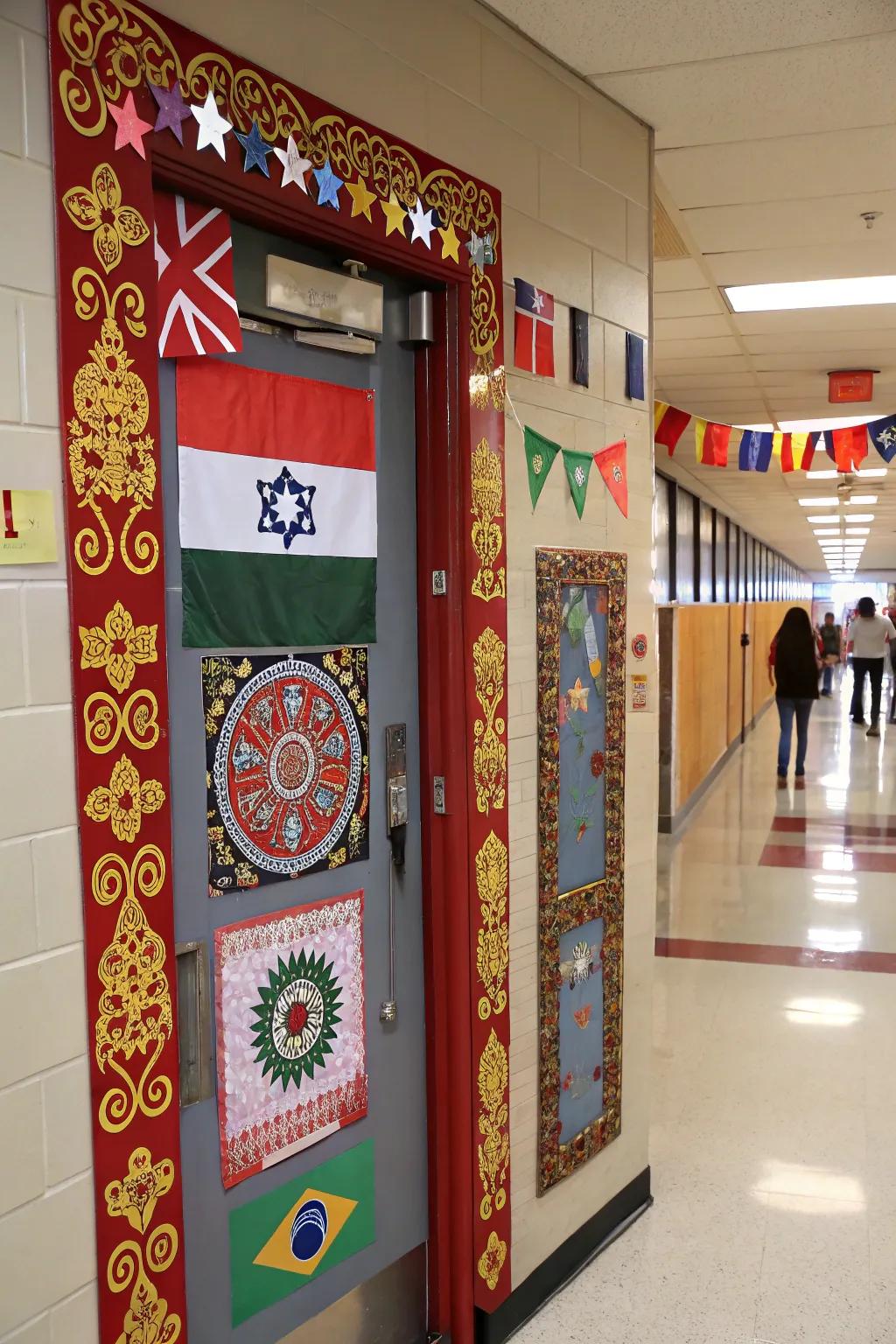 A culturally rich school door celebrating diversity.