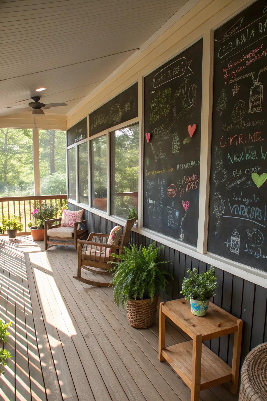 A slateboard wall contributes a playful touch to the porch.