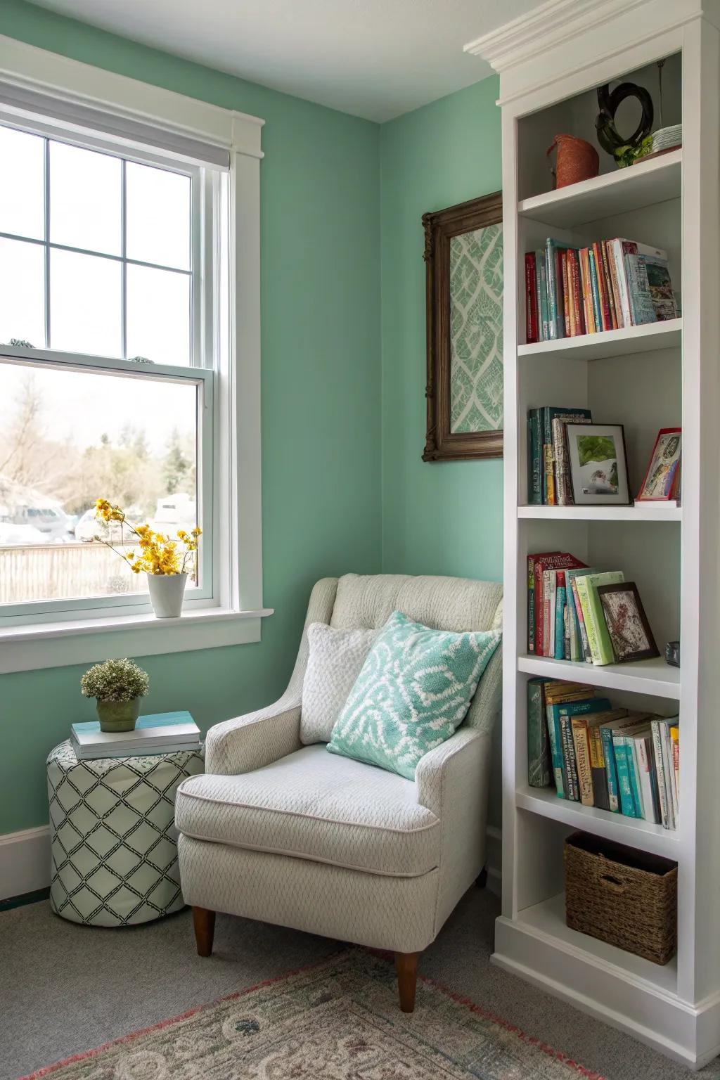 A cozy reading nook featuring soothing seafoam green walls.