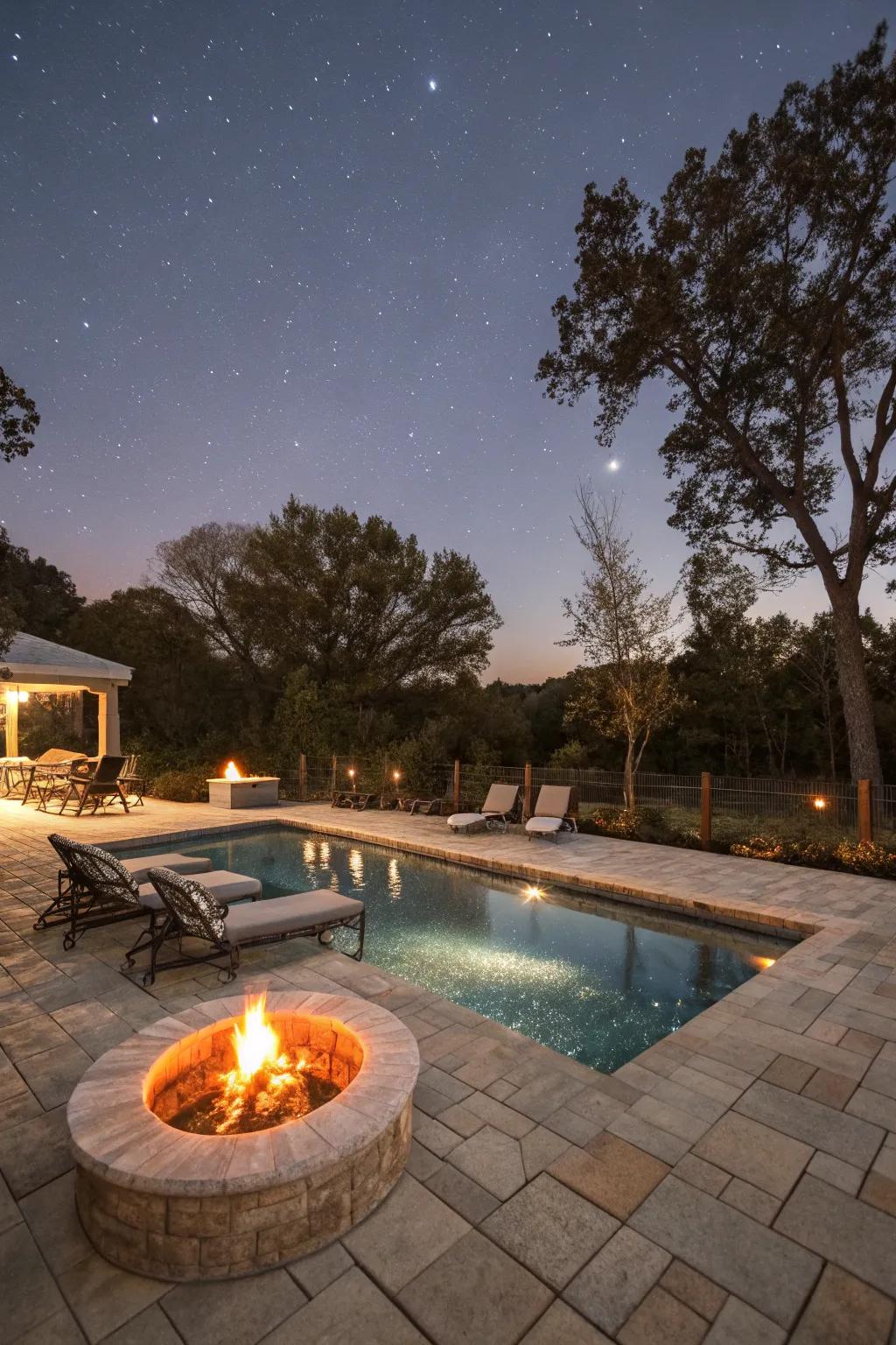 A semi inground pool complemented by a warm, inviting bonfire spot.