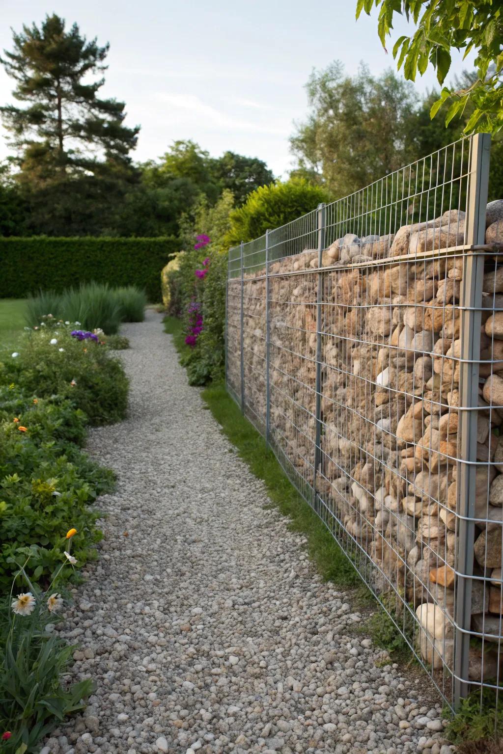 Gabion walls deliver a natural, textured barrier in this picturesque garden landscape.