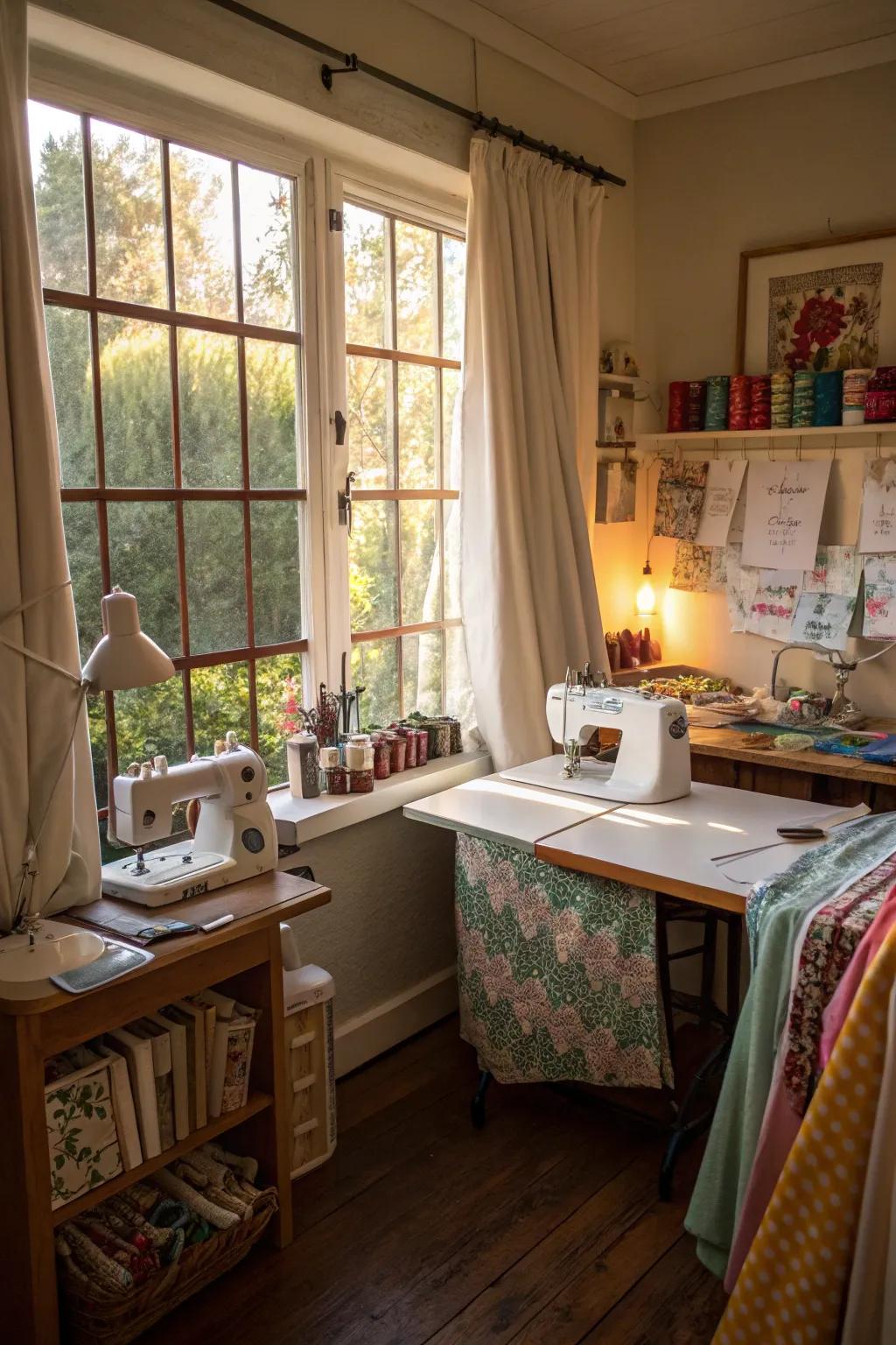 The sewing environment is enhanced by natural light.