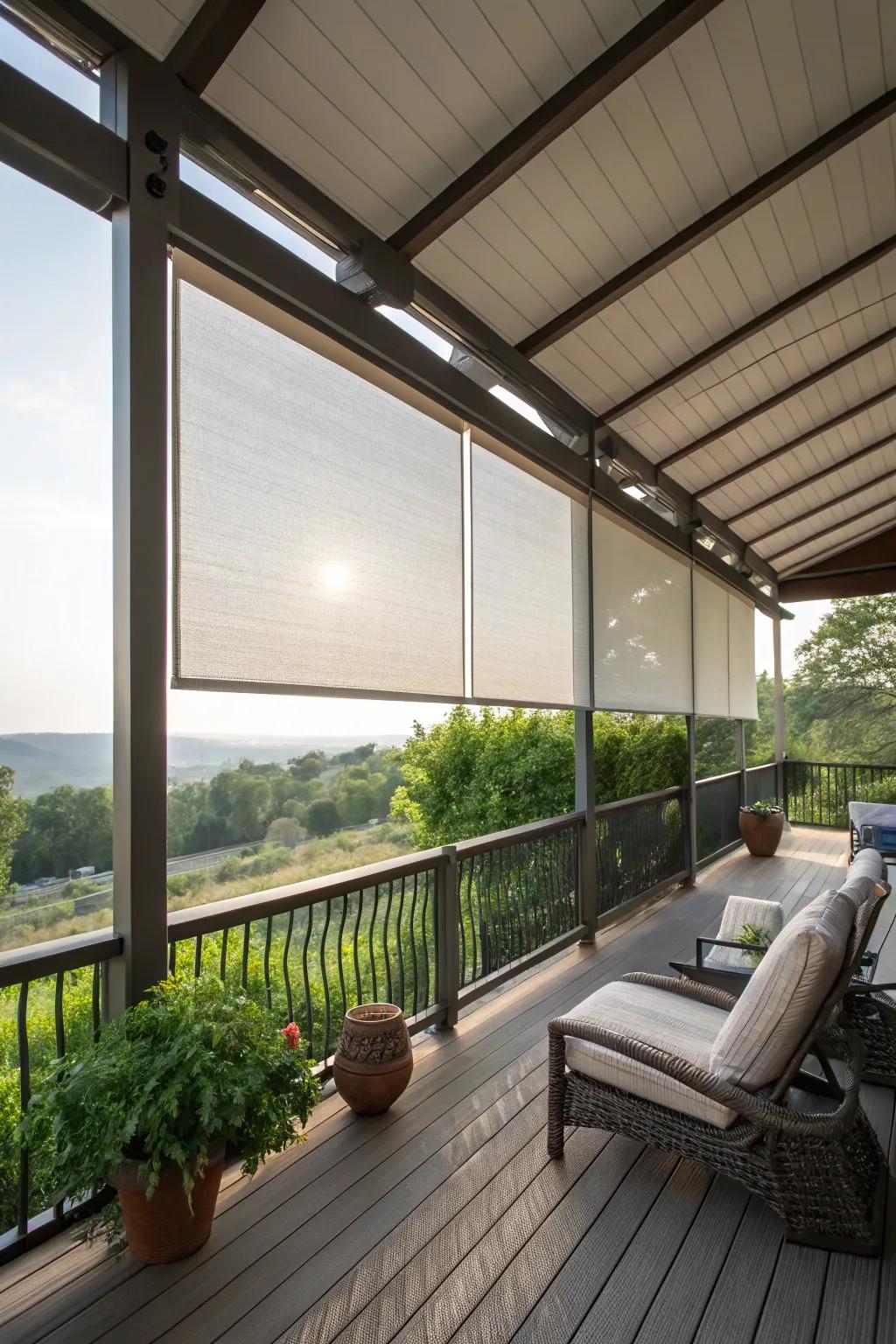 Outdoor blinds provide adjustable sun protection.