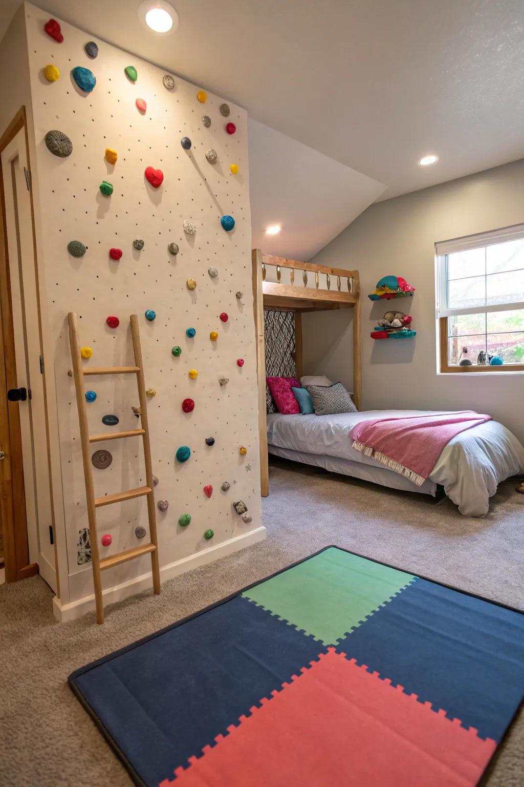 A climbing wall adds adventure and encourages physical activity.