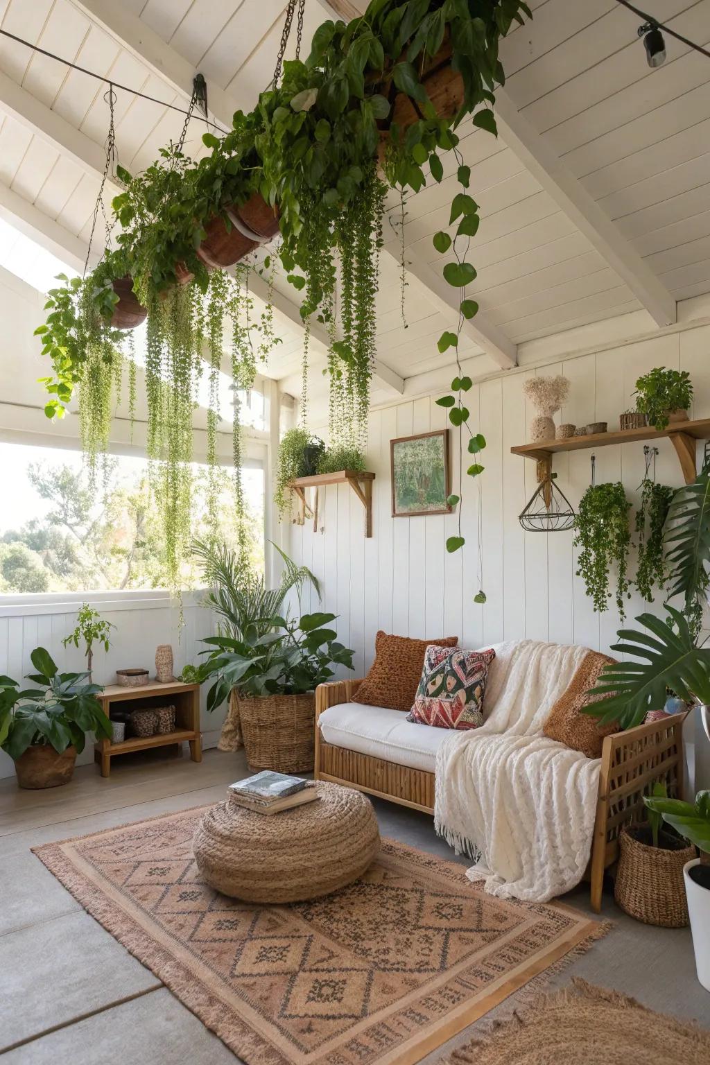A tranquil haven featuring plant life suspended from the shed ceiling.