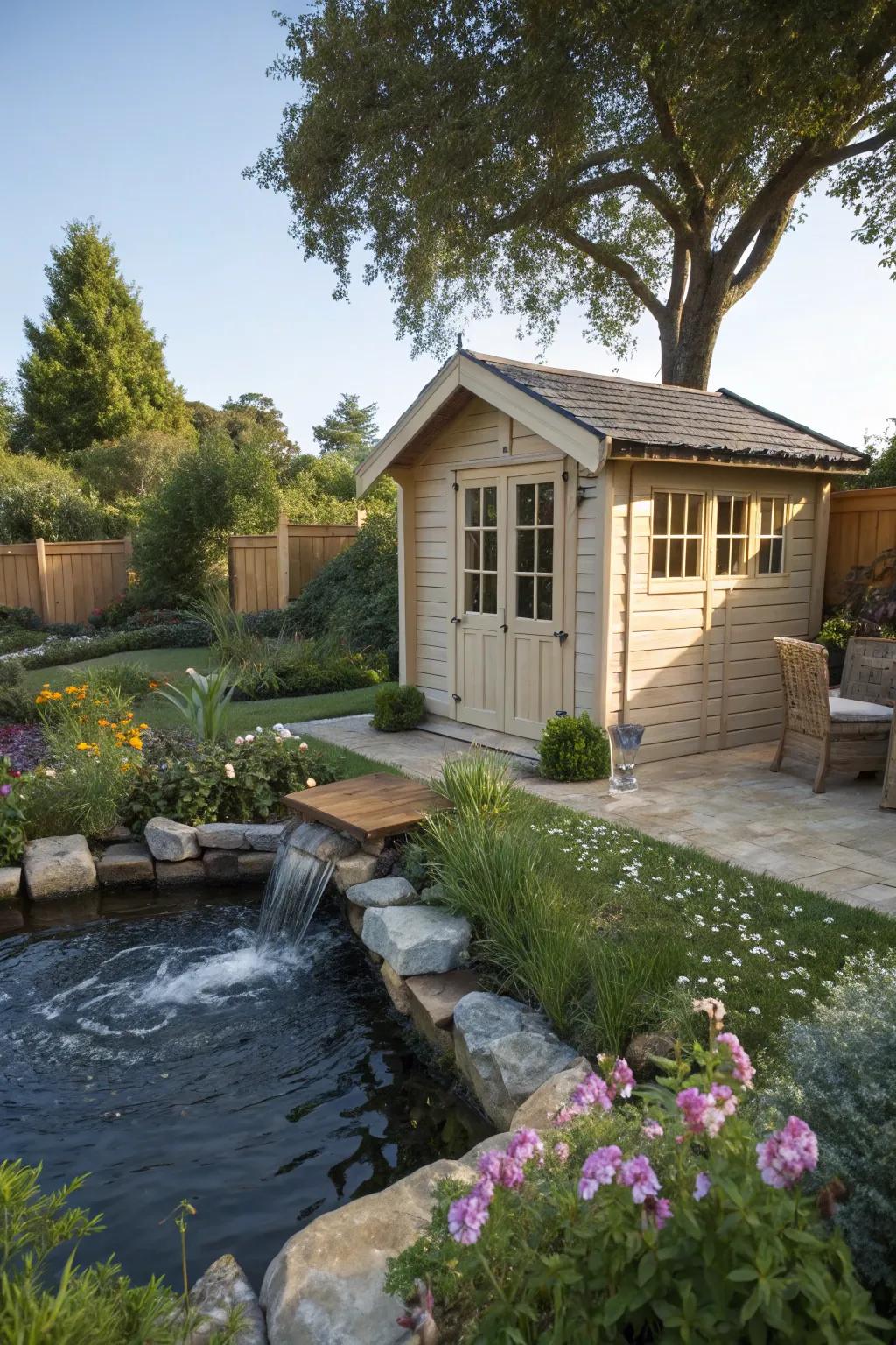 An outdoor shed featuring a calming water feature for added tranquility.