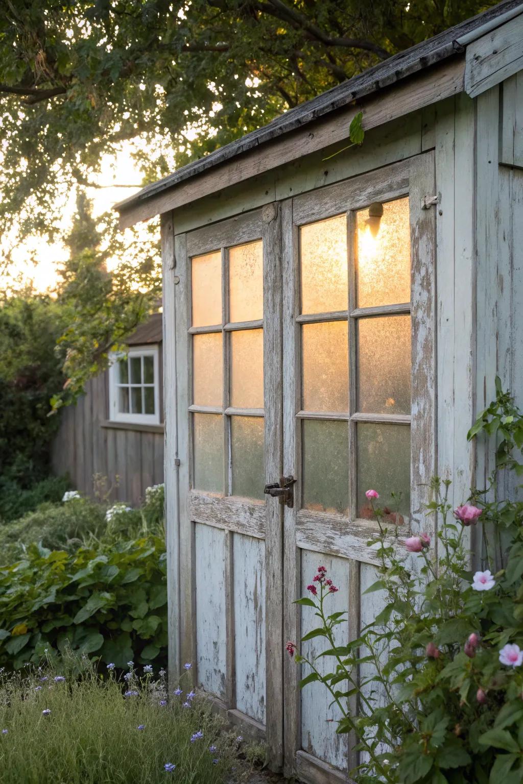 Etched windows provide privacy while allowing light into the shed.