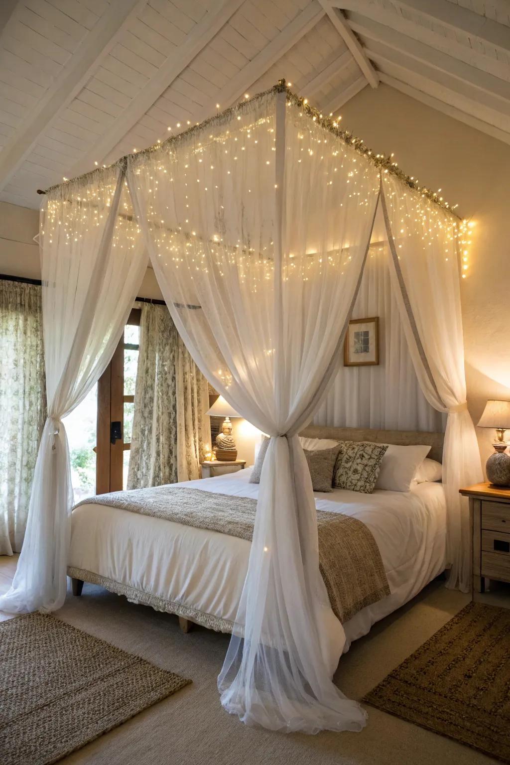 A whimsical bed canopy made of sheer curtains adds a cozy and magical touch to the bedroom.