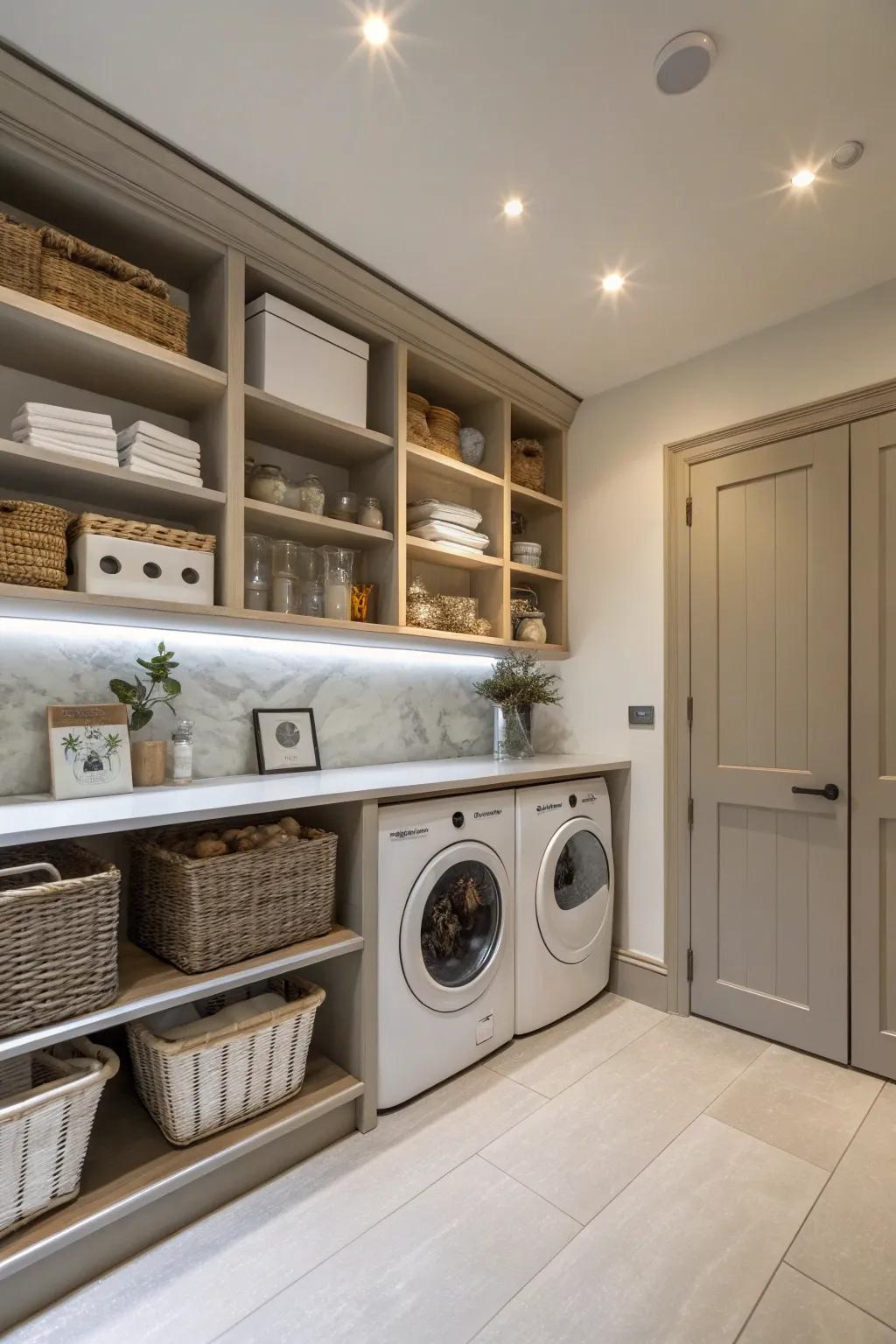 Hidden shelves in a laundry room, offering discreet and efficient storage solutions.