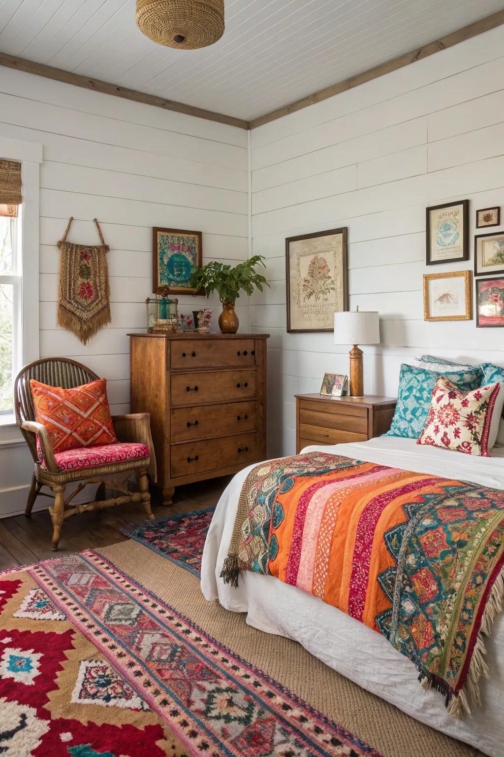 An eclectic mix of decor with shiplap creates a unique and vibrant space.