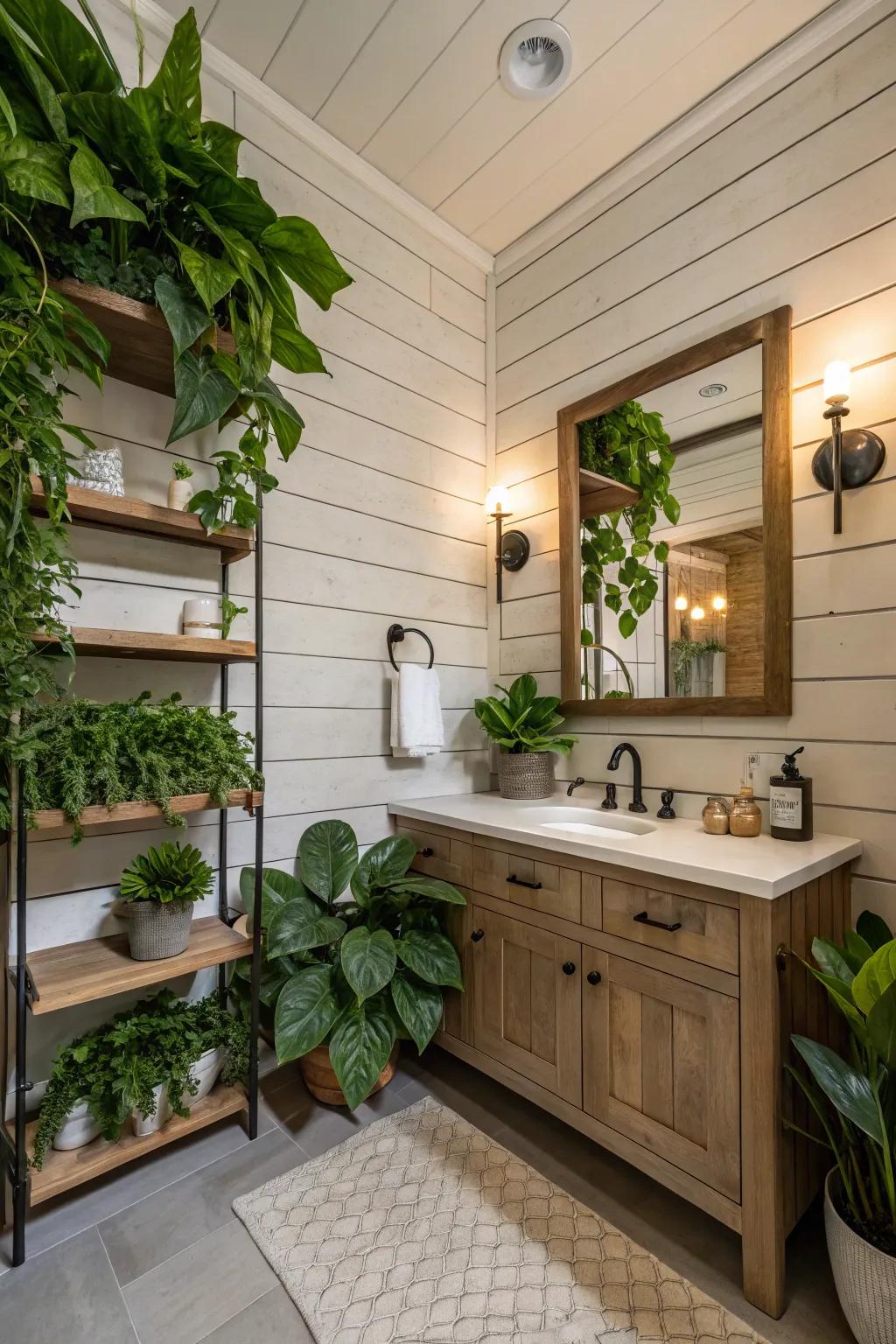 A bathroom featuring plank walls improved by lush greenery.