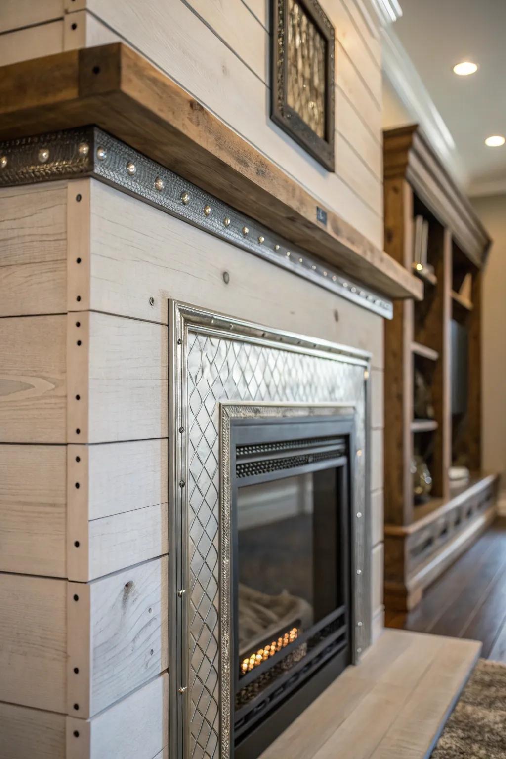 Mixed feels, including metal and wood, add dimension to the shiplap fireplace.