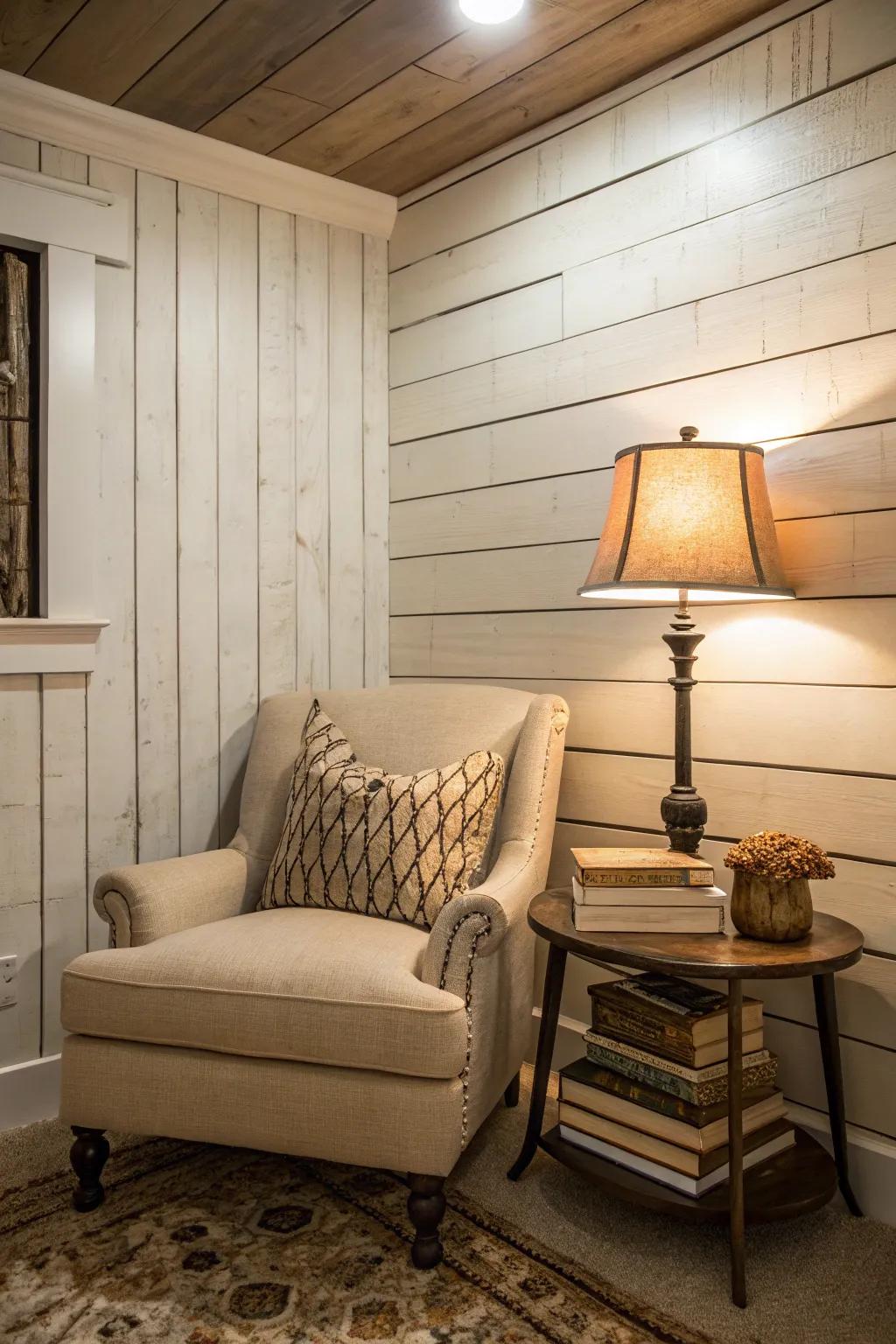 Serene shiplap reading nook.