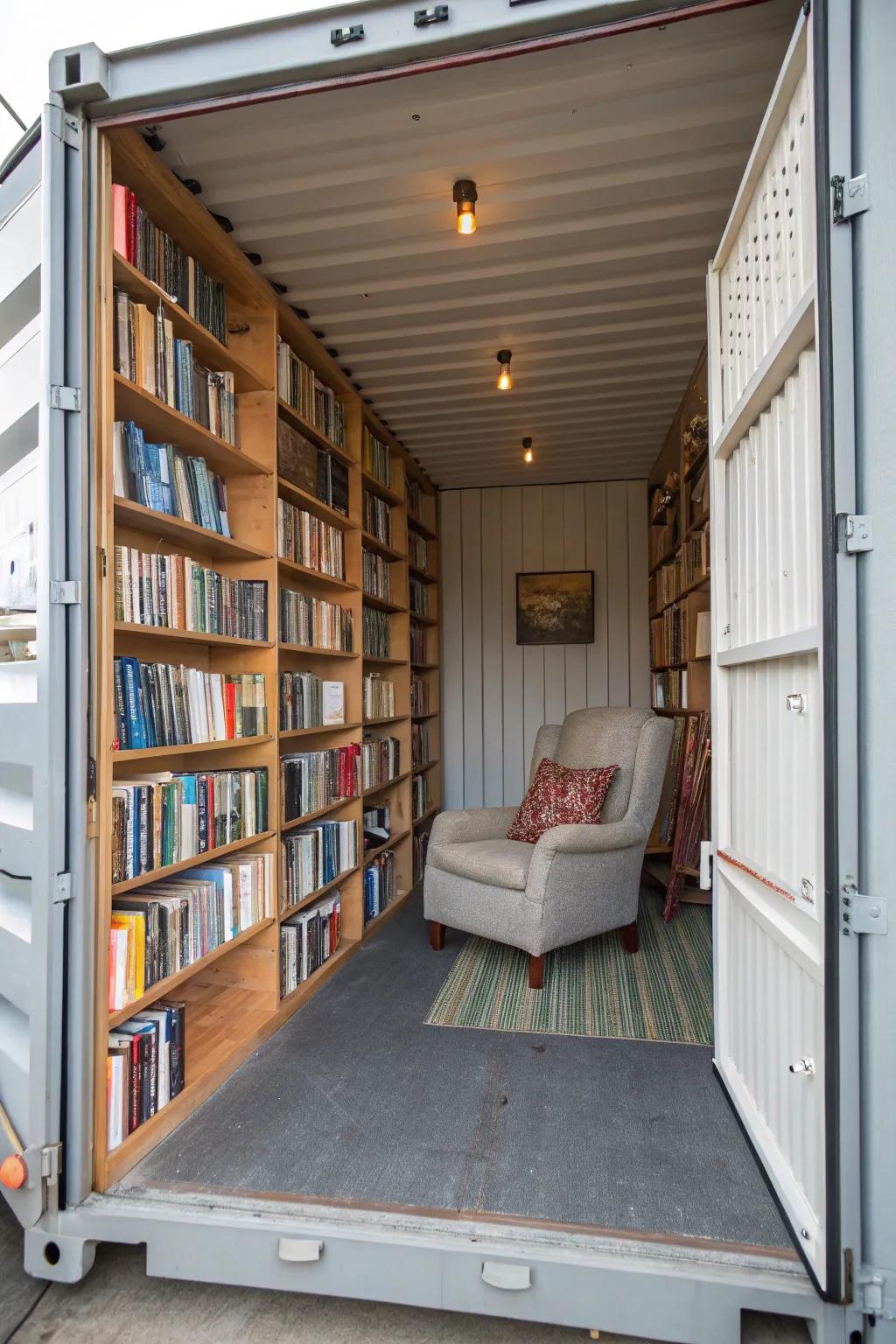 A cozy library nestled inside a shipping container.