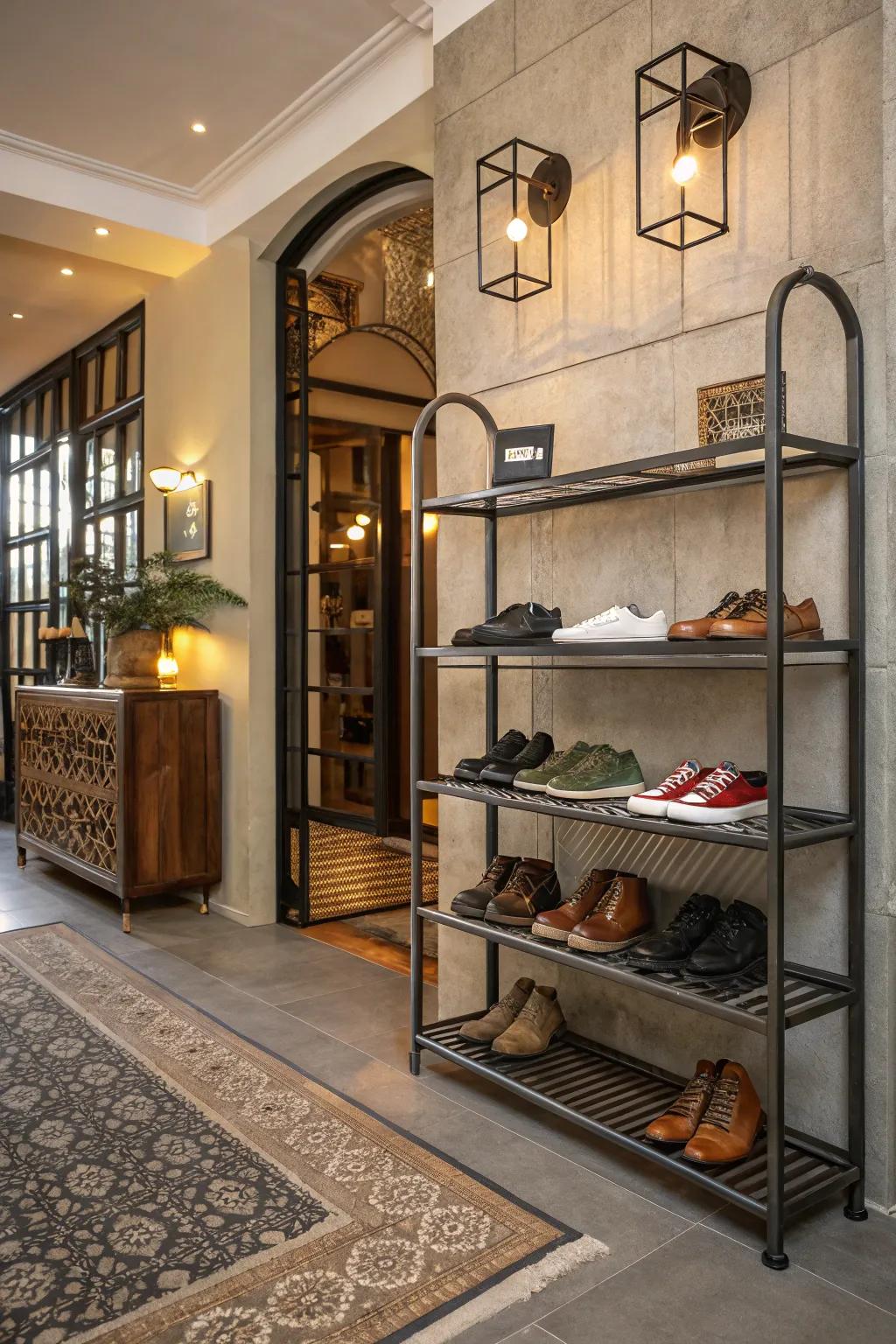 Industrial metal shoe racks add chic style to the entryway.