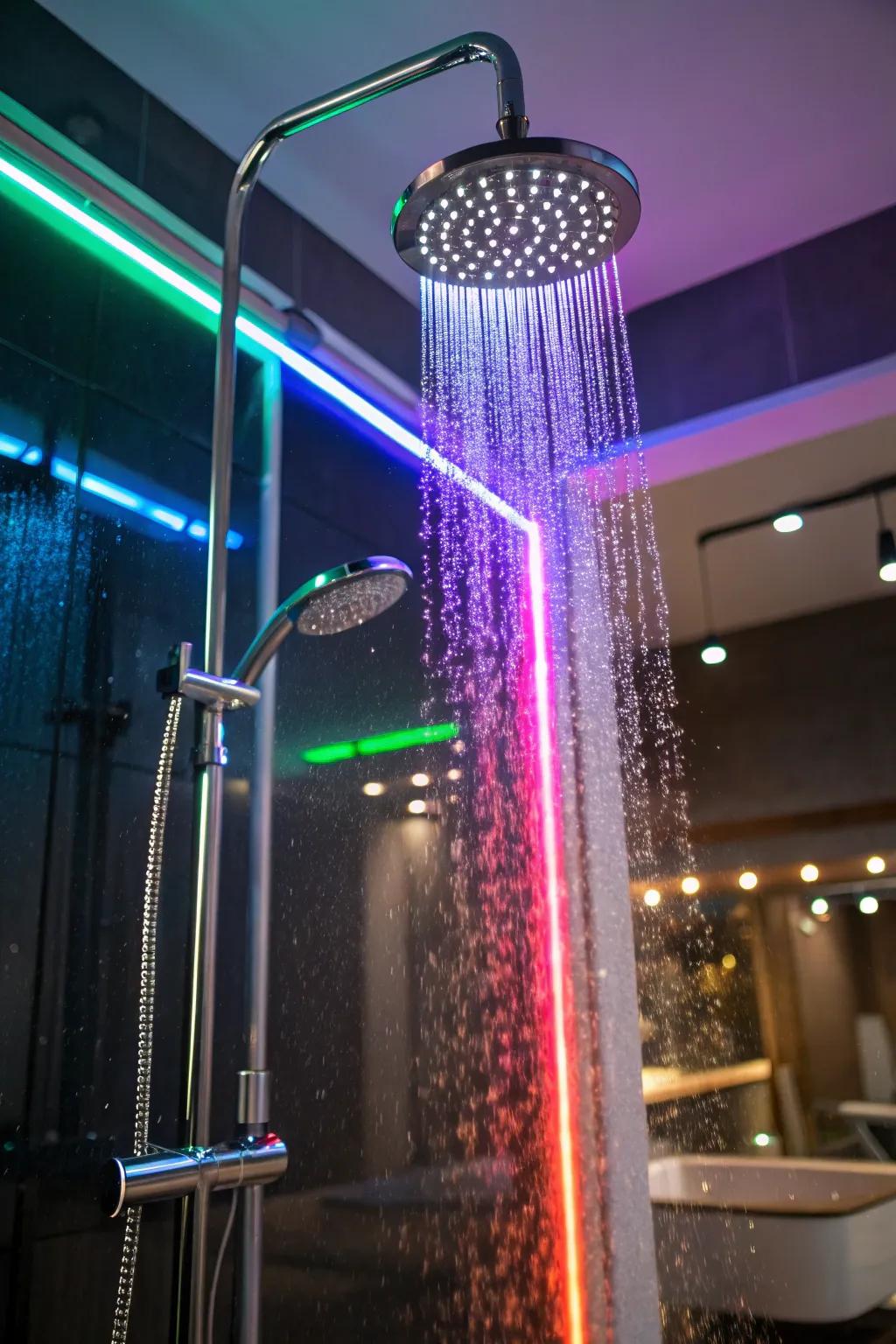 A shower lit up with LED strips and spotlights.